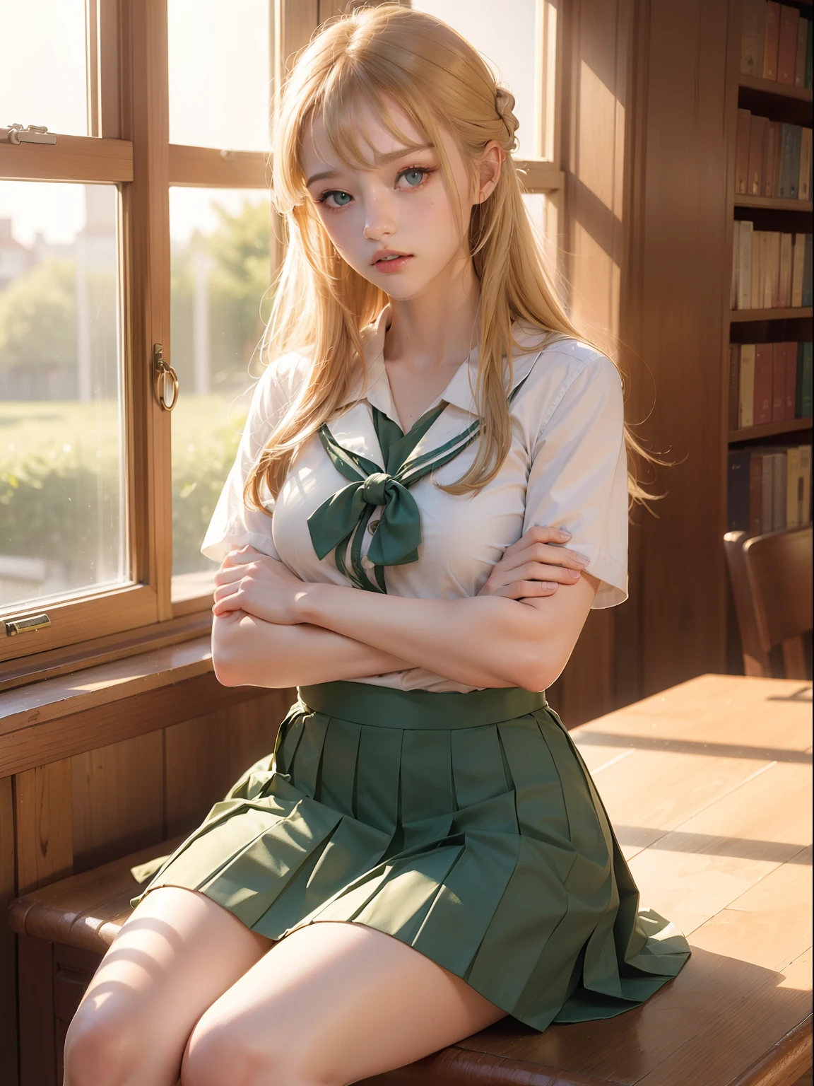 ((Masterpiece,Best quality, high resolution)), 1girll, Solo, Green eyes, Long blonde hair tied with a blue ribbon, Blunt bangs, Sitting, Folded arms on the table, Sleep on folded arms, school uniform, white serafuku, Red sailor collar, Short sleeves, White pleated skirt, (in library), Dramaticlight, beside the window, Afternoon light through the windows, mid afternoon, Bokeh effect