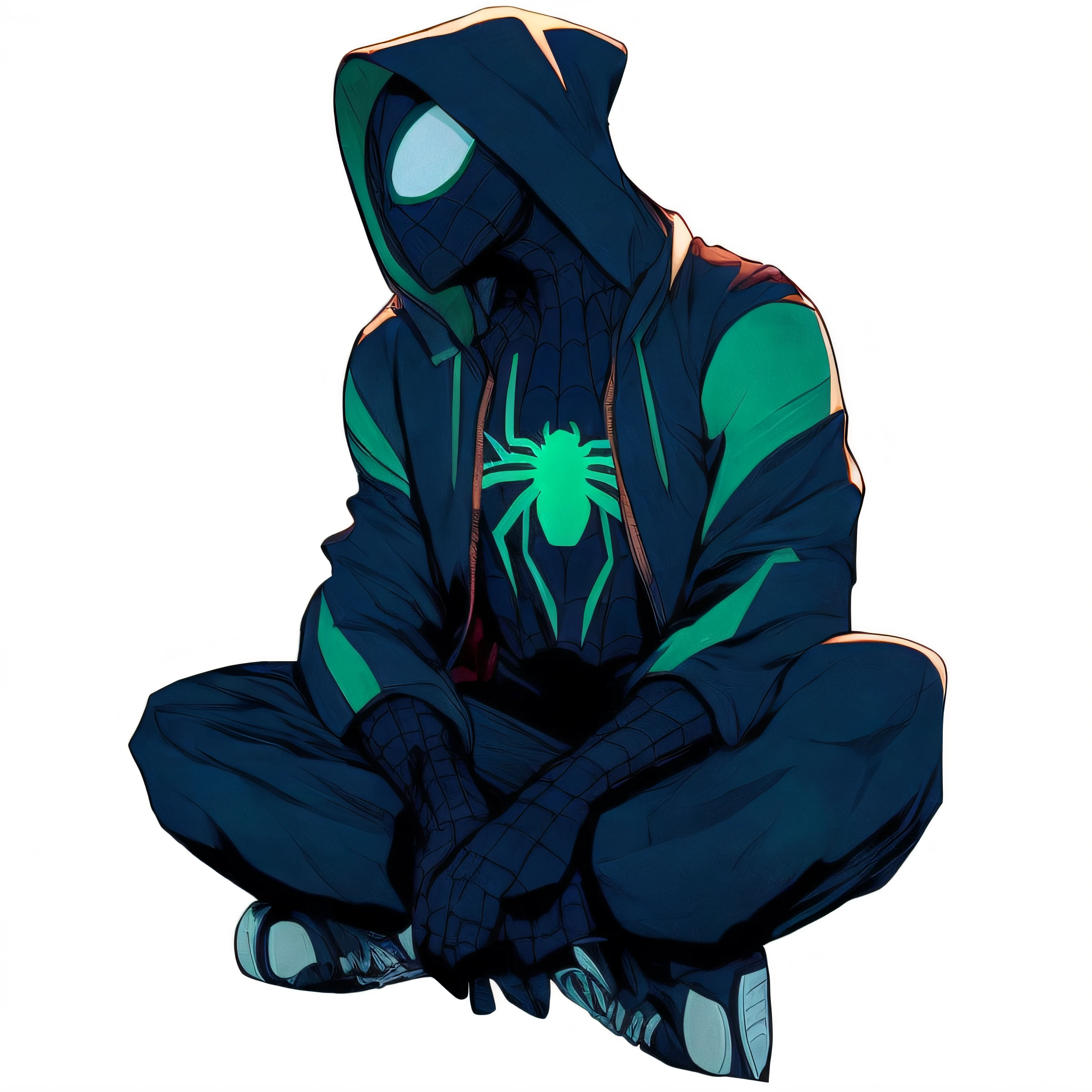 Spider - Man Sitting On The Ground With His Hands Crossed, spider - estilo de arte verso, no aranhaverso, no aranhaverso, aranhaverso, Estilo futurista Homem-Aranha, Pedro Parker, simbionte, fanart de alta qualidade, Arte Oficial, doc ock |, sem texto, com capuz, pose