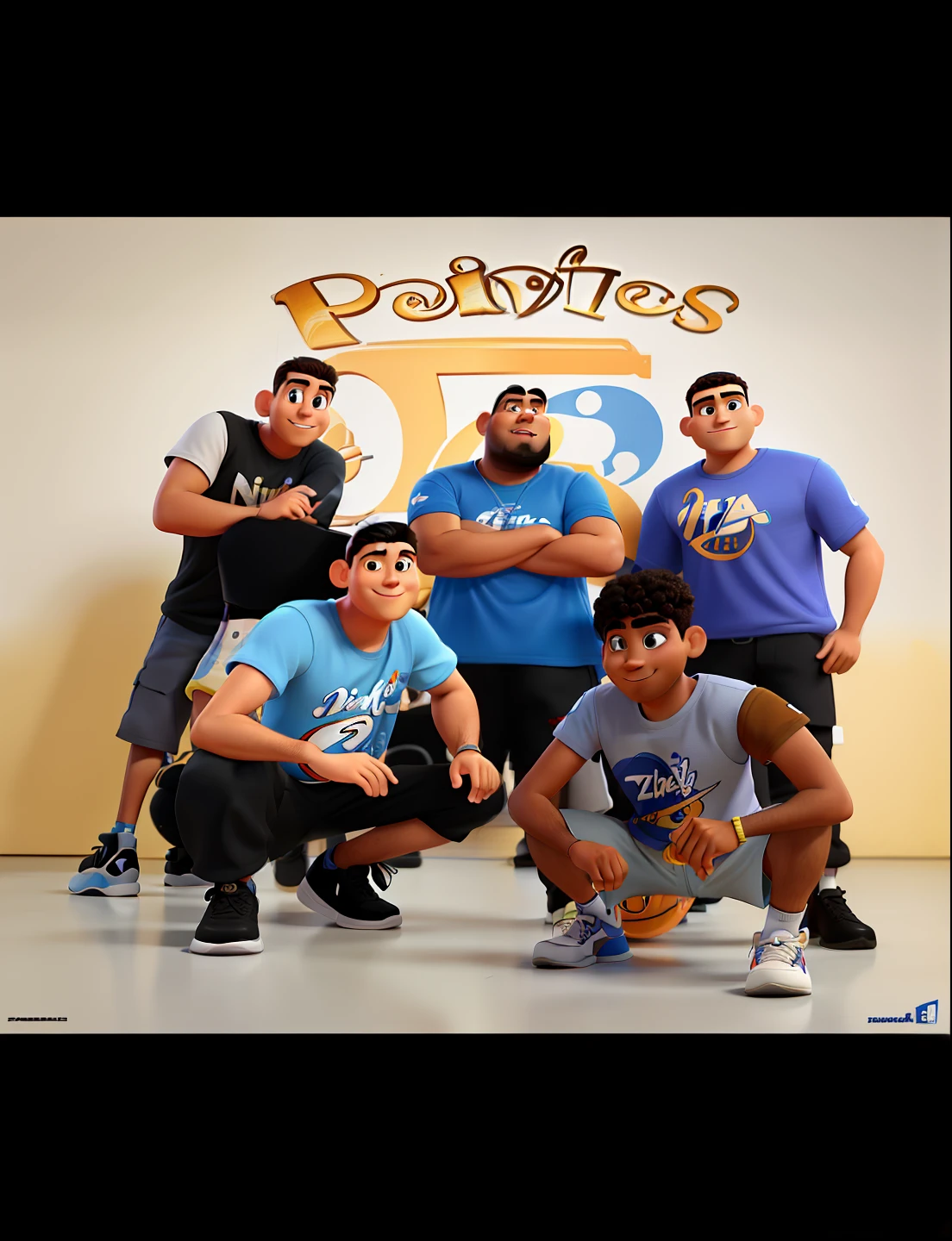 Homens estilo disney pixar, alta qualidade, Amigos, pagodeiros, musicians, com camisetas de basquete, camisetas NBA,poster no estilo pixar, Passion Shape, Banda