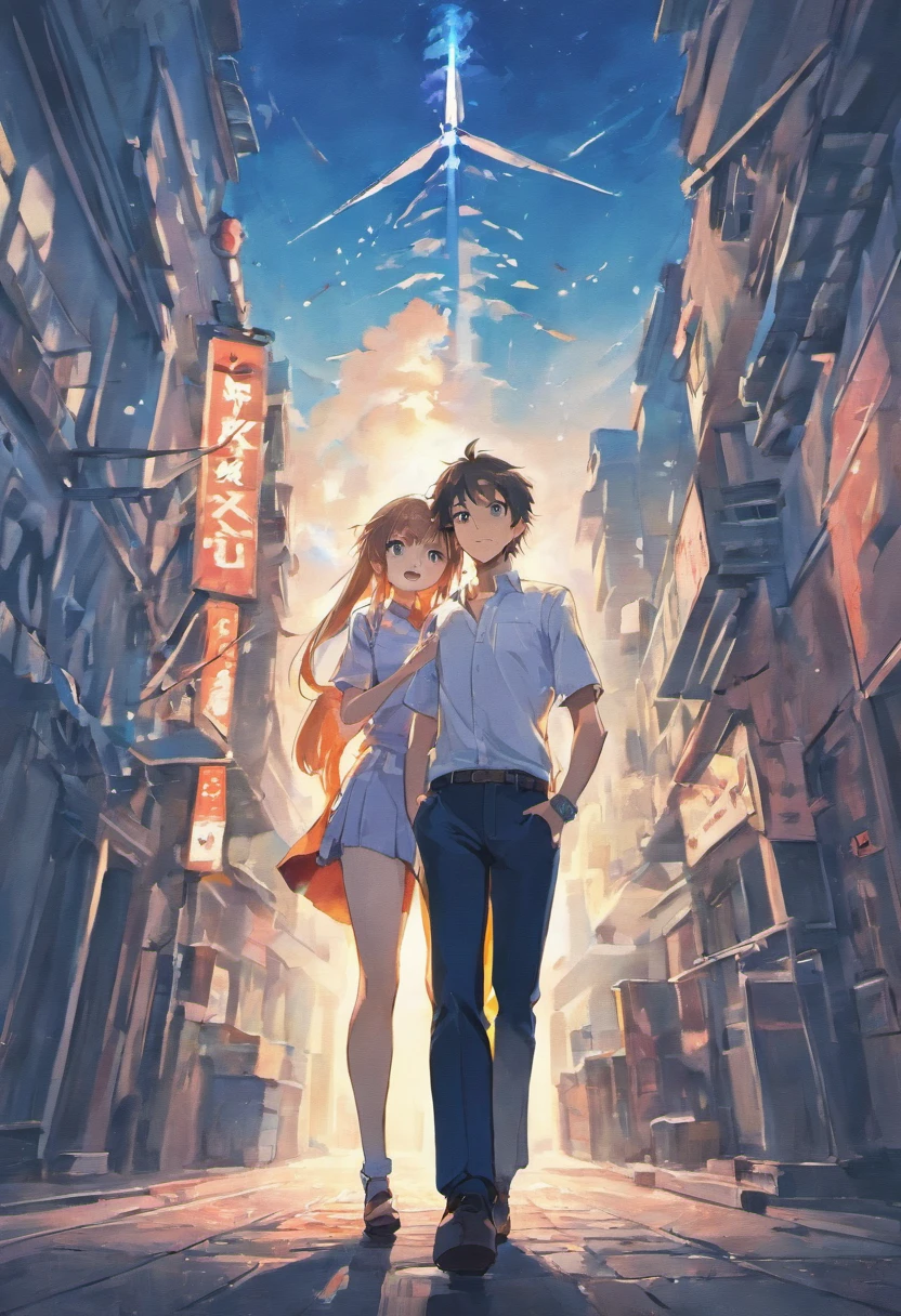 Two Brothers Successful Realtors, Wearing white shirts and salmon with blue pants, um deles com o nariz um pouco maior e mais moreno o outro usa um topete curto com pela mais clara, On the background of a building under construction with a crane. Imagem estilo pixar.
