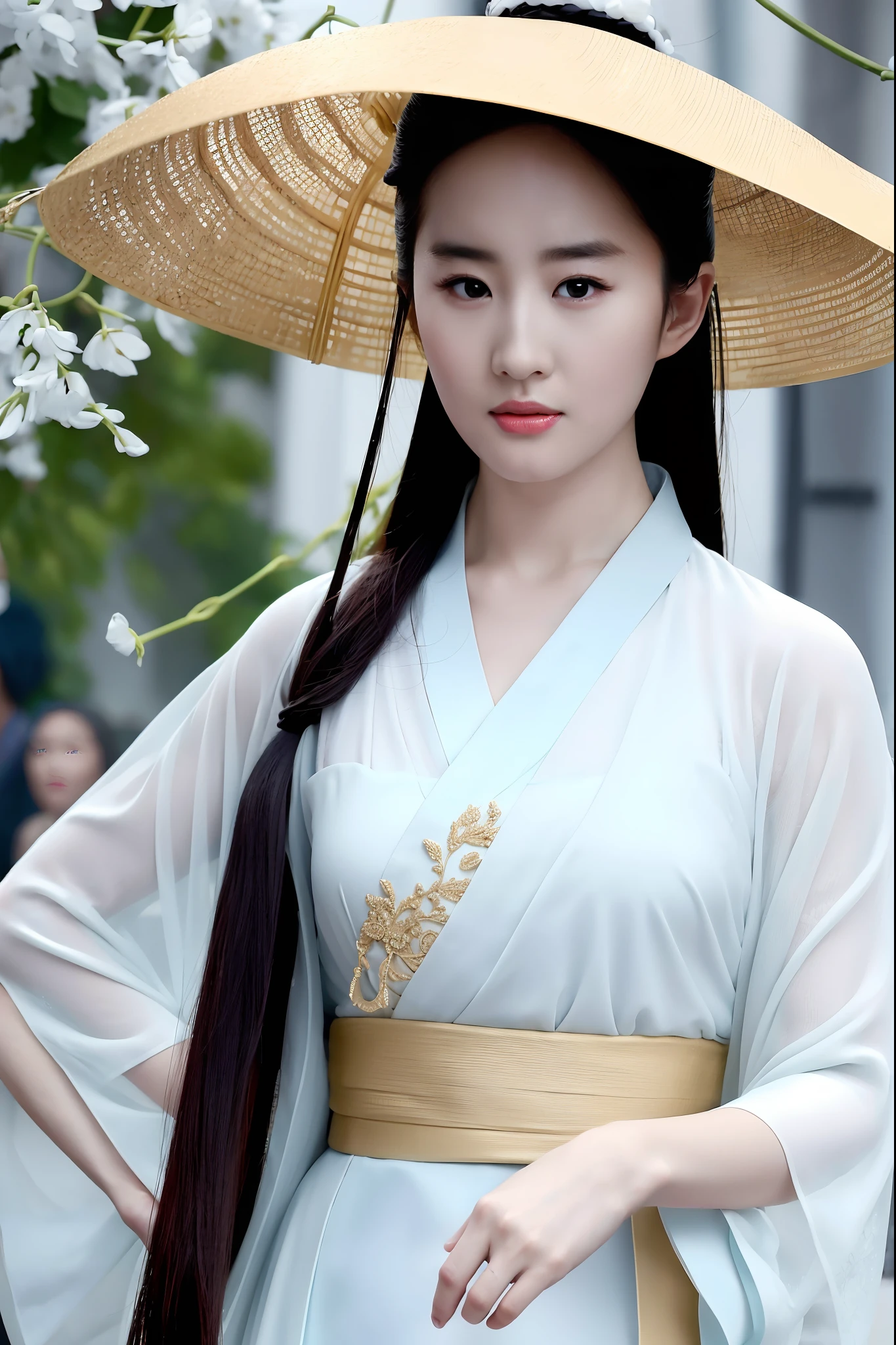 Under the body ,high resolution,(8K, Best quality, Masterpiece:1.2), (Realistic, photo-realistic:1.2),The whole body,Detailed face,(Delicate texture, Pattern, Hanfu),Liu Yifei's face,