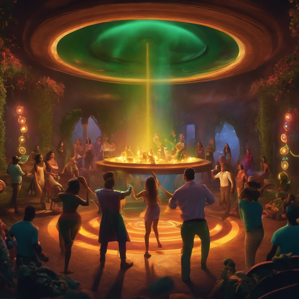 There are 7 people around a stove, 3 homens e 4 mulheres, Everybody's dancing, In the background, a psychedelic environment, Tree trunks come out of the ground organically lit, There's an electronic music party atmosphere, Use psychedelic style, futurista, cyberpunk, cogumelos, duendes, gnomos, fadas, matrix, o estilo de Pixar, ambiente noturno, colorido, trevoso, Make them dancing