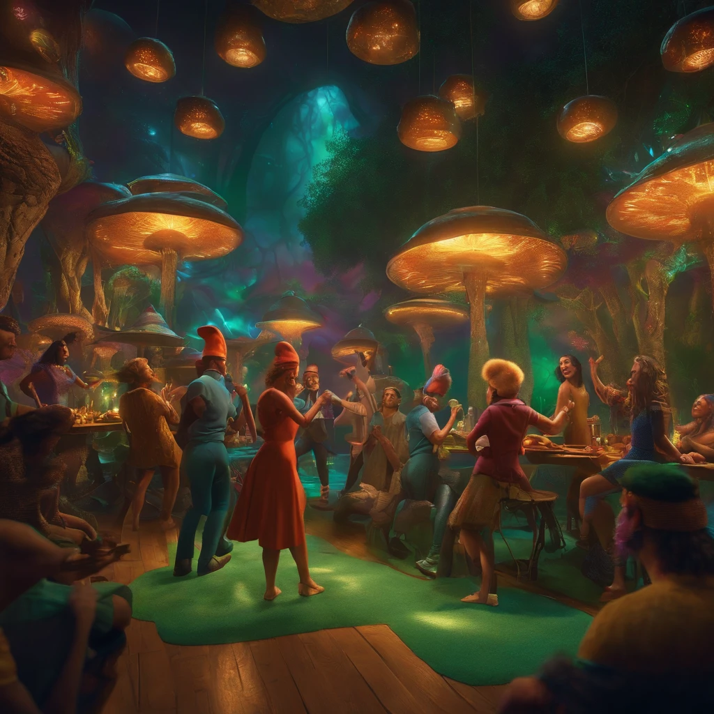 There are 7 people around a stove, 3 homens e 4 mulheres, Everybody's dancing, In the background, a psychedelic environment, Tree trunks come out of the ground organically lit, There's an electronic music party atmosphere, Use psychedelic style, futurista, cyberpunk, cogumelos, duendes, gnomos, fadas, matrix, o estilo de Pixar, ambiente noturno, colorido, trevoso, Make them dancing