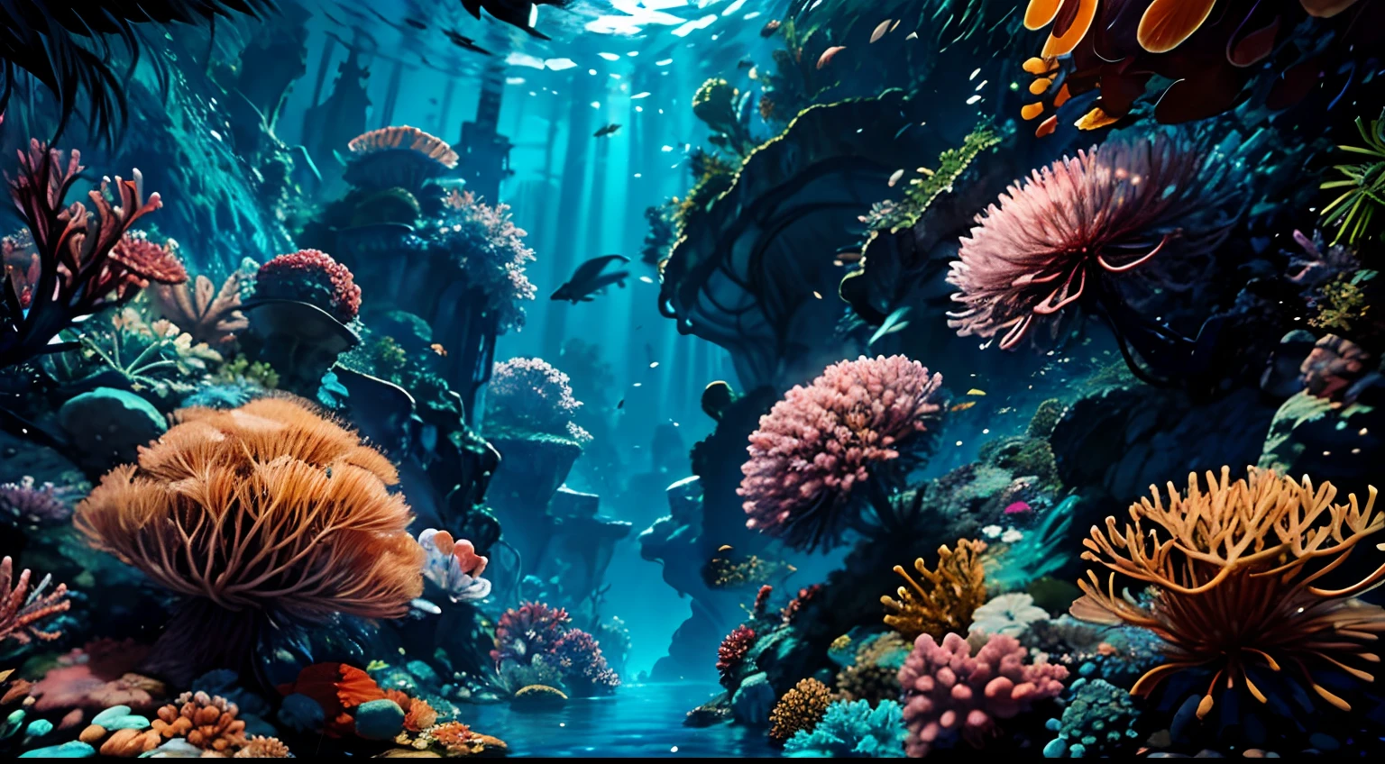 Fantastic Underwater World, paisaje submarino, arrecifes de coral multicolores, vida marina, peces tropicales, Sea anemones, rayas, tortugas gigantes, medusas bioluminiscentes, cuevas submarinas, tesoros perdidos, luz del sol, rayos de luz, mundo bajo el mar, naturaleza, fantasy, dreamlike, maravillas, serenidad.