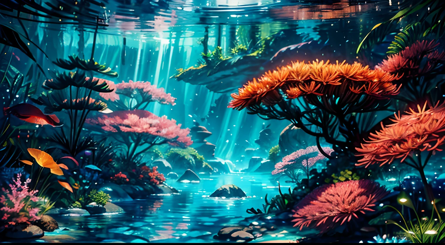 (best quality,4k,8k,highres,masterpiece:1.2),ultra-detailed,(realistic,photorealistic,photo-realistic:1.37),underwater scene,colorful coral reefs,tropical fishes,crystal clear waters,beautiful underwater plants,serene ambiance,warm sunlight,sparkling water reflections,marine life diversity,tranquil blue hues,fascinating underwater ecosystem,hidden seashells and seagrass,dancing light rays,tranquil and immersive experience,portraits,landscape,concept artists,vivid colors,subtle color gradients,soft lighting,ethereal atmosphere,vibrant underwater world