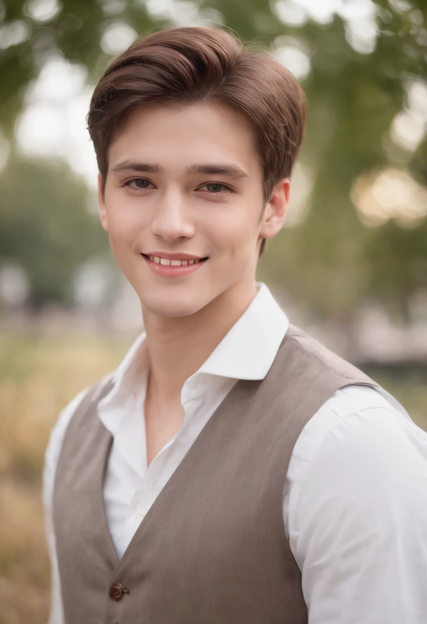 Athletically built man age of 16, handsome, short brown hair, beautiful brown eyes, he’s wearing a brown vest with a white shirt and button up underneath, a gold chain with the number 81 at the end, he has a nice smile with pearly white teeth.
