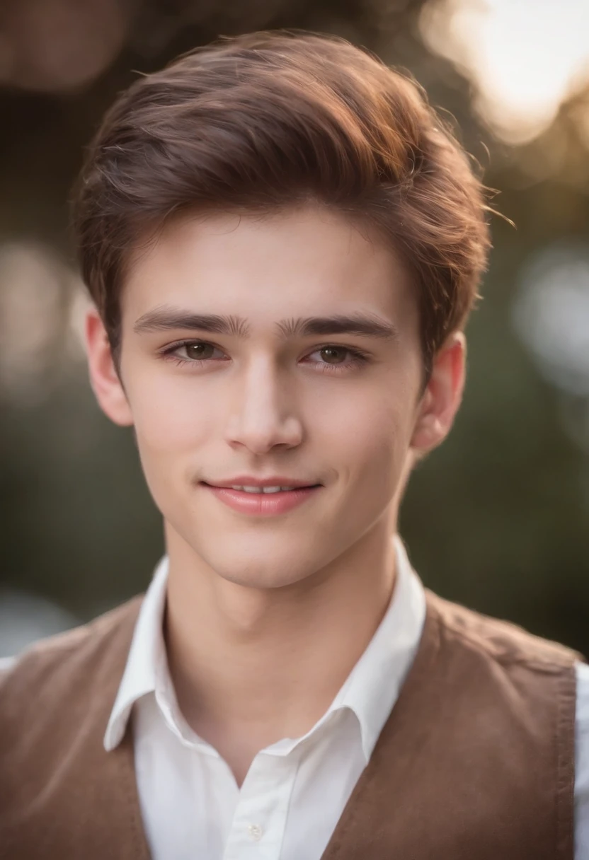 Athletically built man age of 16, handsome, short brown hair, beautiful brown eyes, he’s wearing a brown vest with a white shirt and button up underneath, a gold chain with the number 81 at the end, he has a nice smile with pearly white teeth.