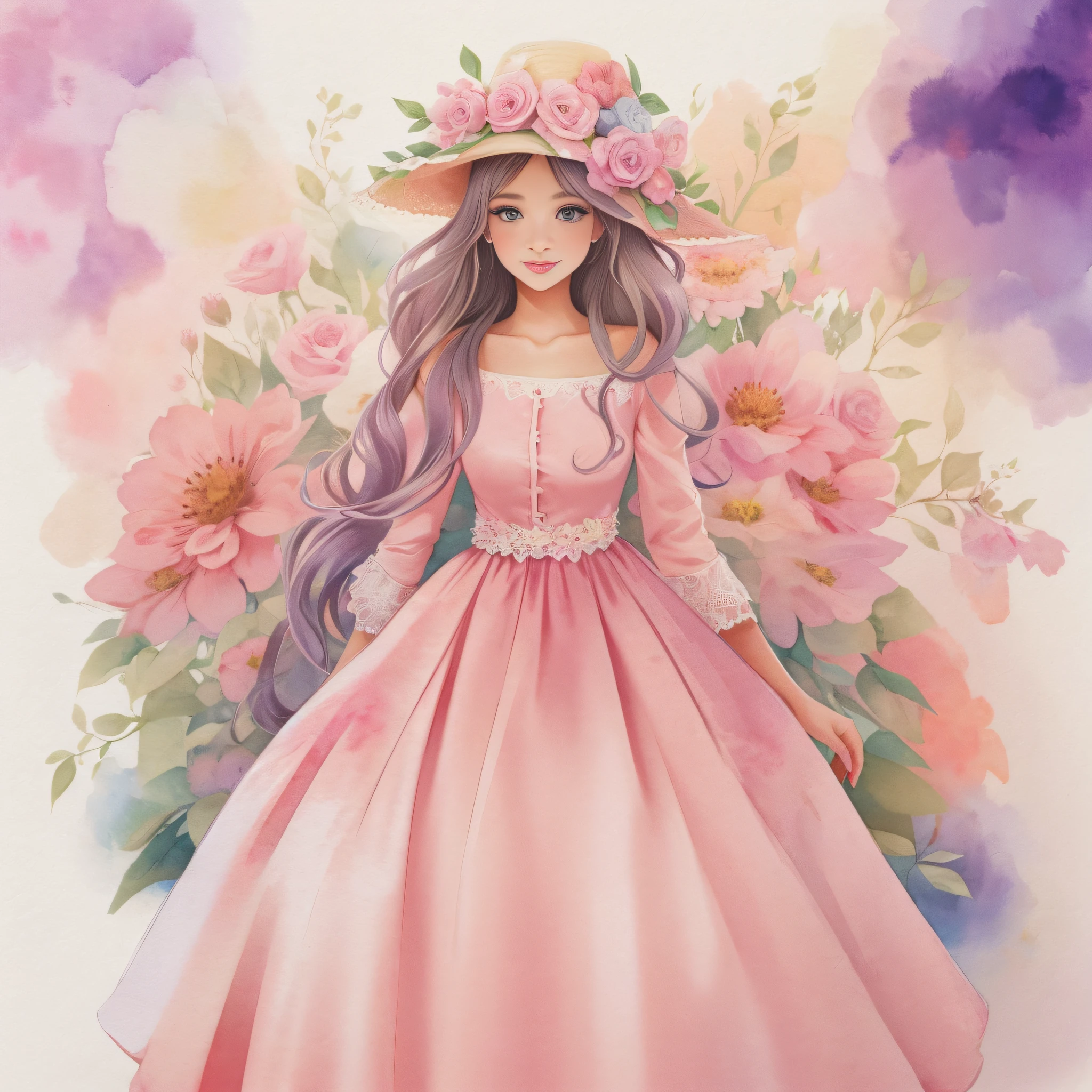 Cute Illustration Clipart (Cute full body girl in hat in sara kay style) em alegre, Light Pastels, estilo Sara Kay, aquarela e flores, pastel-hued,fundo branco, qualidade perfeita, Ultra resolution, imagem 300 dpi, 16k resolution