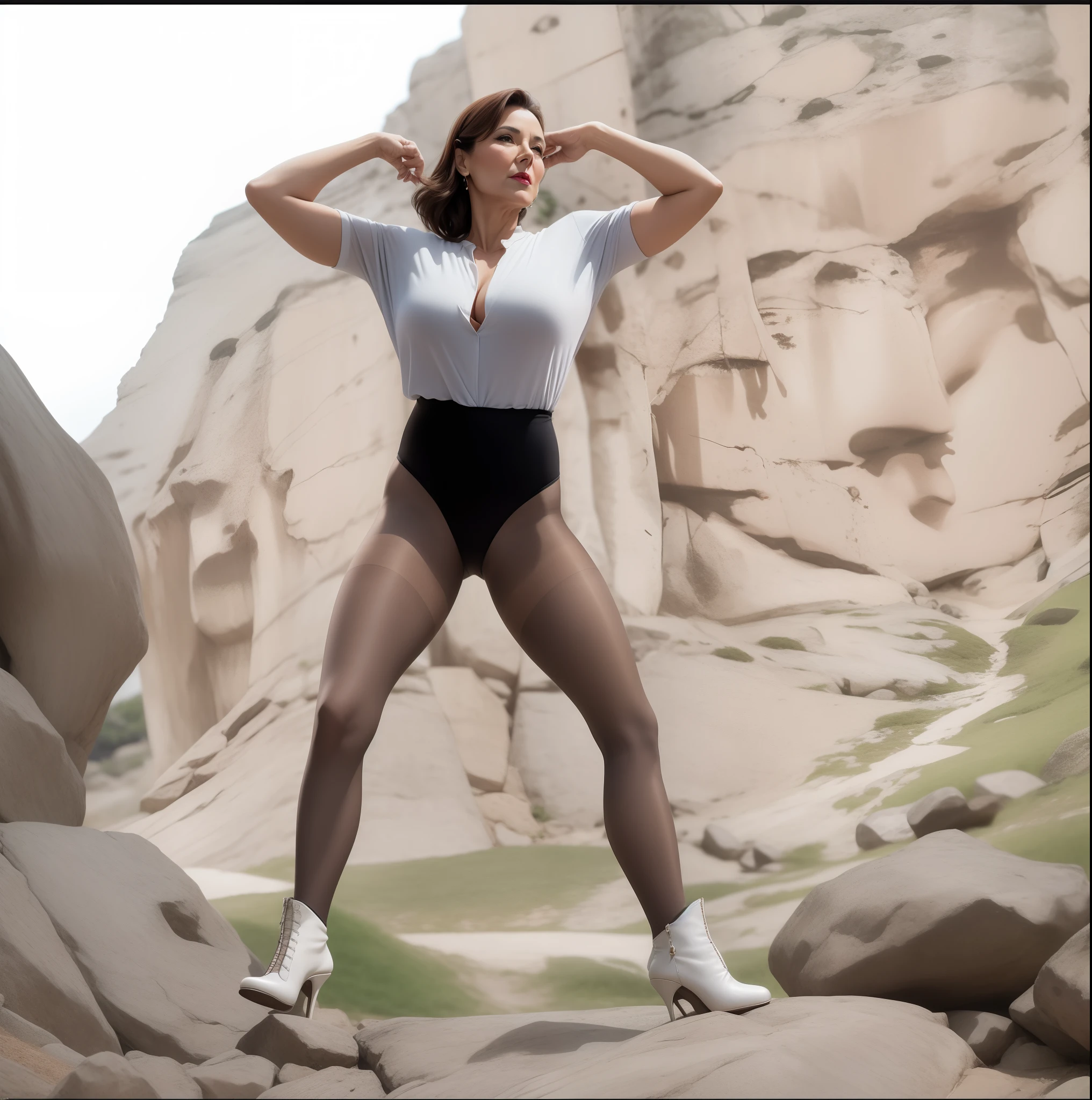Portrait of a 60-year-old woman with short brown hair, a captivating gaze, Brown eyes, Wrinkles on her face, Black pantyhose,high heels boots,Revealing her large sagging breasts, Light makeup and red lips. 32K