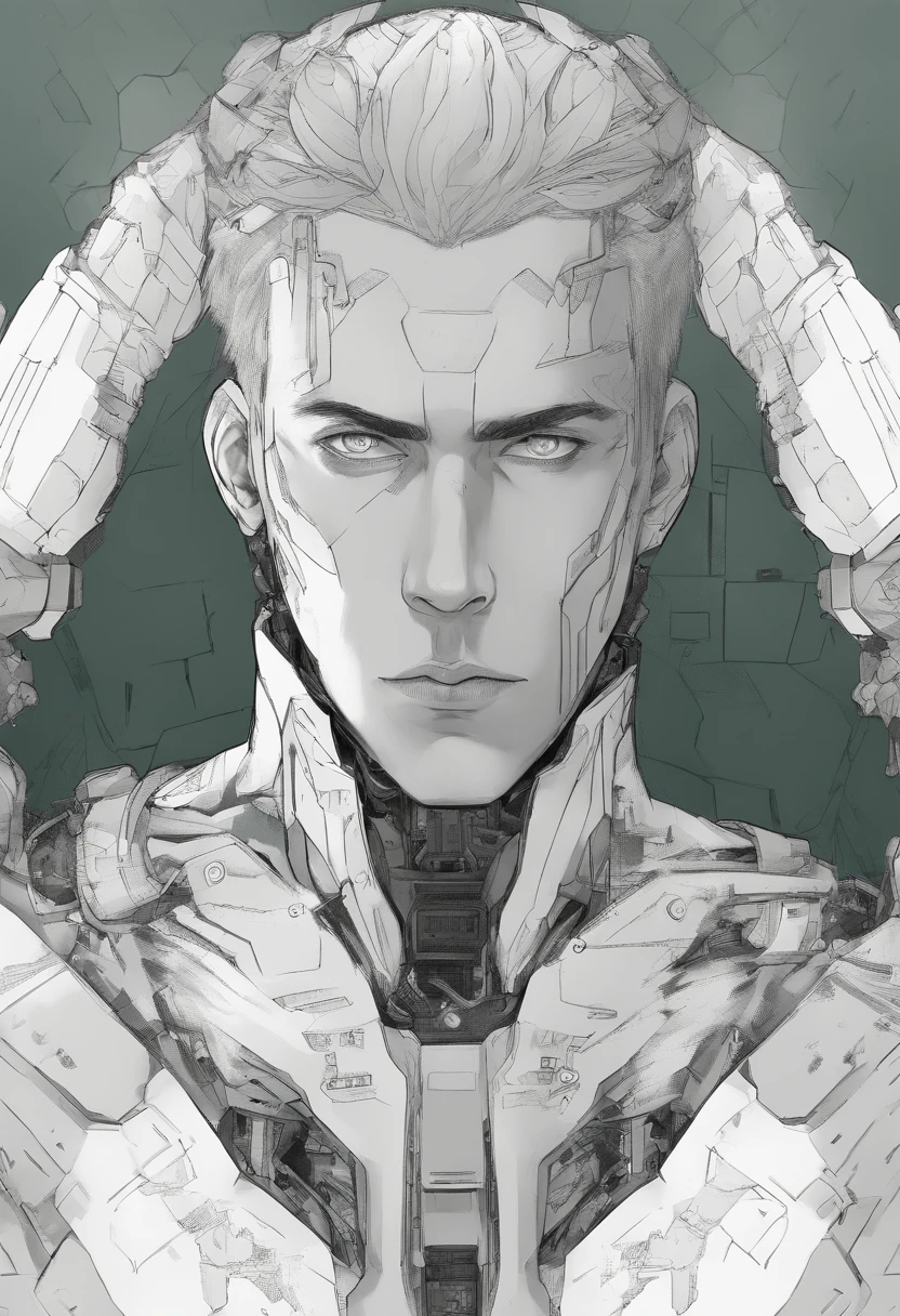 create anime style drawing of a man with short blonde hair parted in the middle and combed back, green eyes, wide nose and unshaven beard, tired expression on his face, cyberpunk style who wears a 2 meter mecha armor, old white with battle marks, on the chest 10 marks showing the number of aliens killed, without his helmet he shows his face