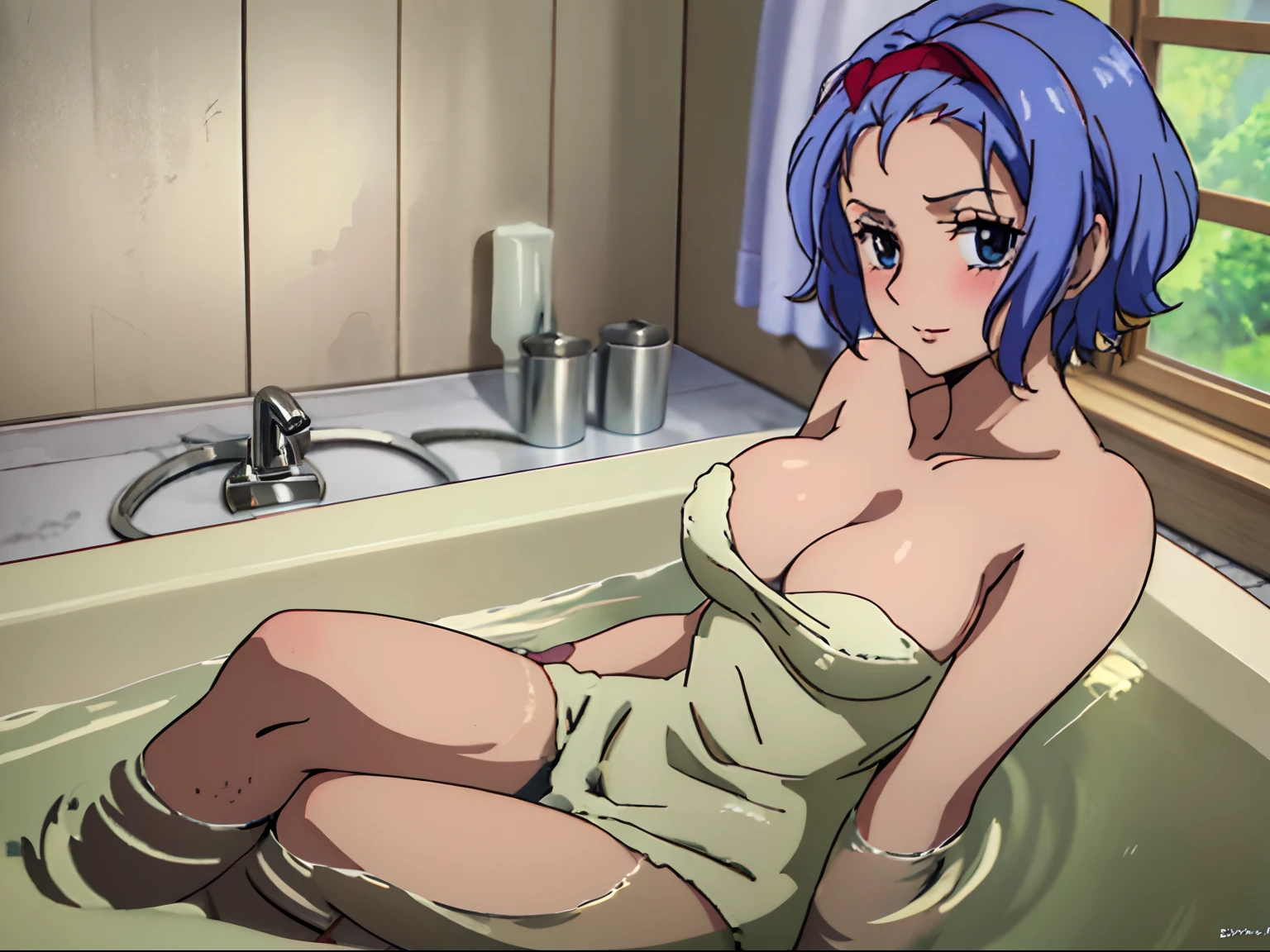Masterpiece, High definition, High quality, Detailed face, detailed body render, 1girll, ,, (on fram), on bath, naked towel, Heavy fog, steams, {Night|, {Indoors, {Sitting|standing|Ground},Be red in the face,Blush,full body shot shot,Show off your thighs,Solo,blue hairs,short detailed hair, Solo,Be red in the face,Blush,Enchanting pose,vred,an look of enjoyment,Sit in the bathtub,