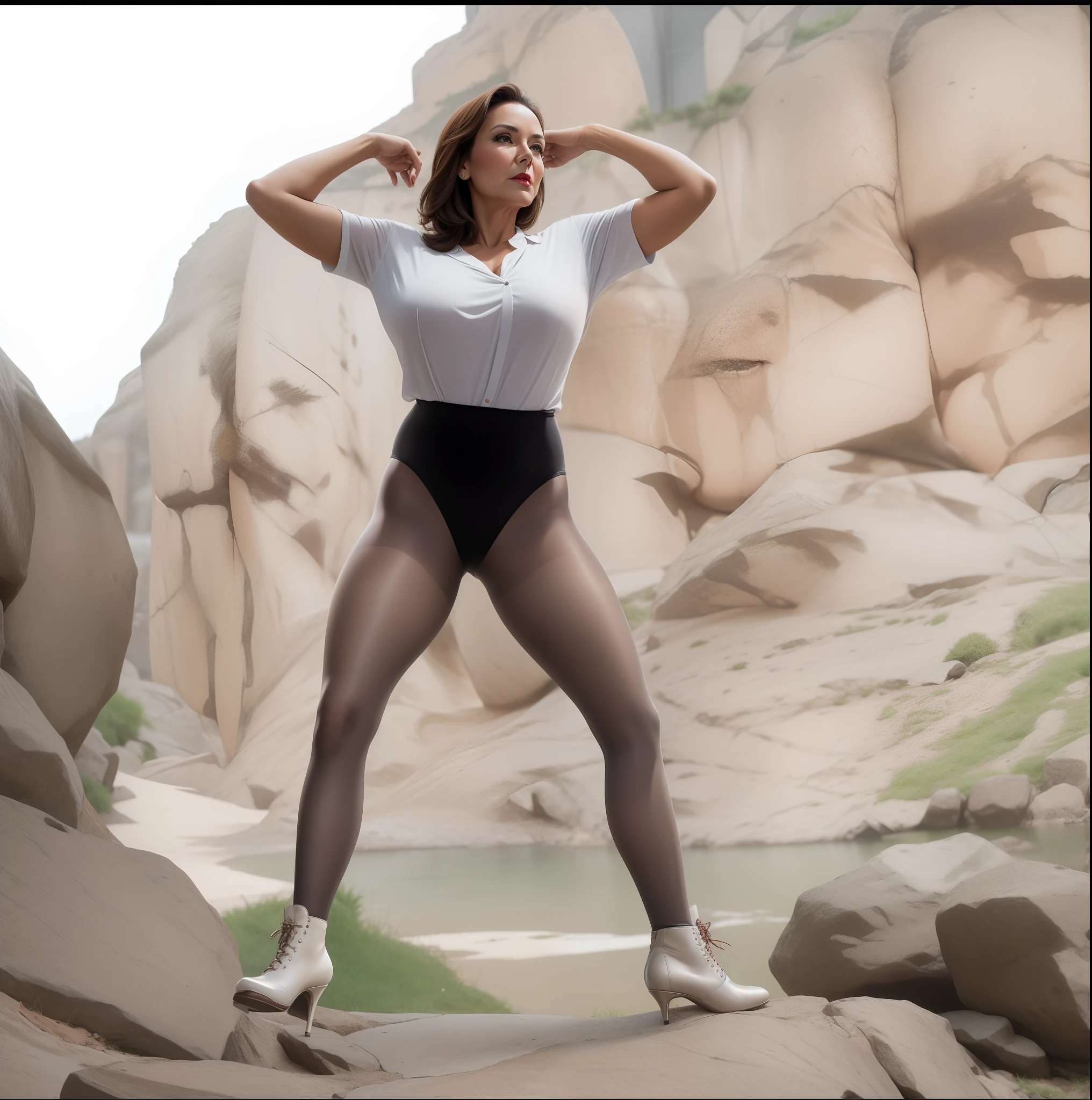 Portrait of a 60-year-old woman with short brown hair, a captivating gaze, Brown eyes, Wrinkles on her face, Black pantyhose,high heels boots,Revealing her large sagging breasts, Light makeup and red lips. 32K