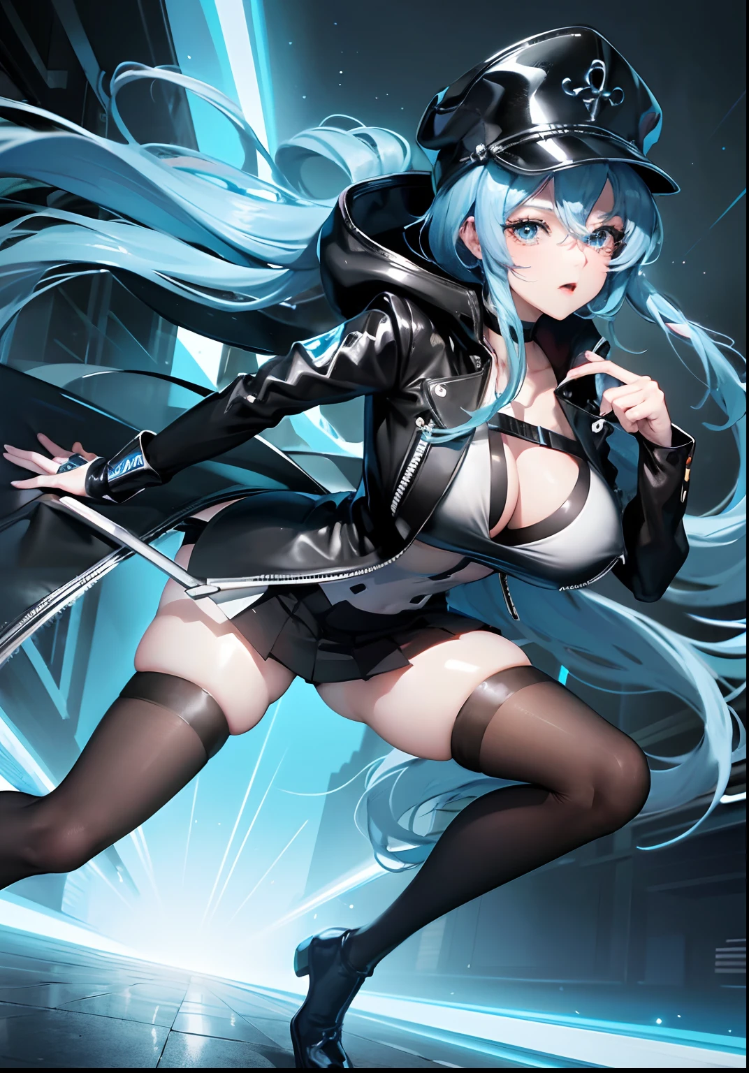 anime girl with blue hair and a white hat posing for a picture, 2 d anime style, anime style 4 k, glowing blue, 4k anime wallpaper, black and blue, anime girl with long hair, cyberpunk anime girl in hoodie, cyberpunk anime girl, trending on artstation pixiv, anime style. 8k, 2 d anime, popular on pixiv, revealing clothing,style image of a woman in a black uniform and a black coach hat, designer black plus symbol in the middle of hat, black designer short skirt, long sexy legs, big tits, white high heels, striking pose, ultra hd, ultra resolution quality, best quality, masterpiece, great sexy body, ultra hd quality, best resolution, 4k, ultra 4k hd, 8k, ultra 8k hd, 8k hd