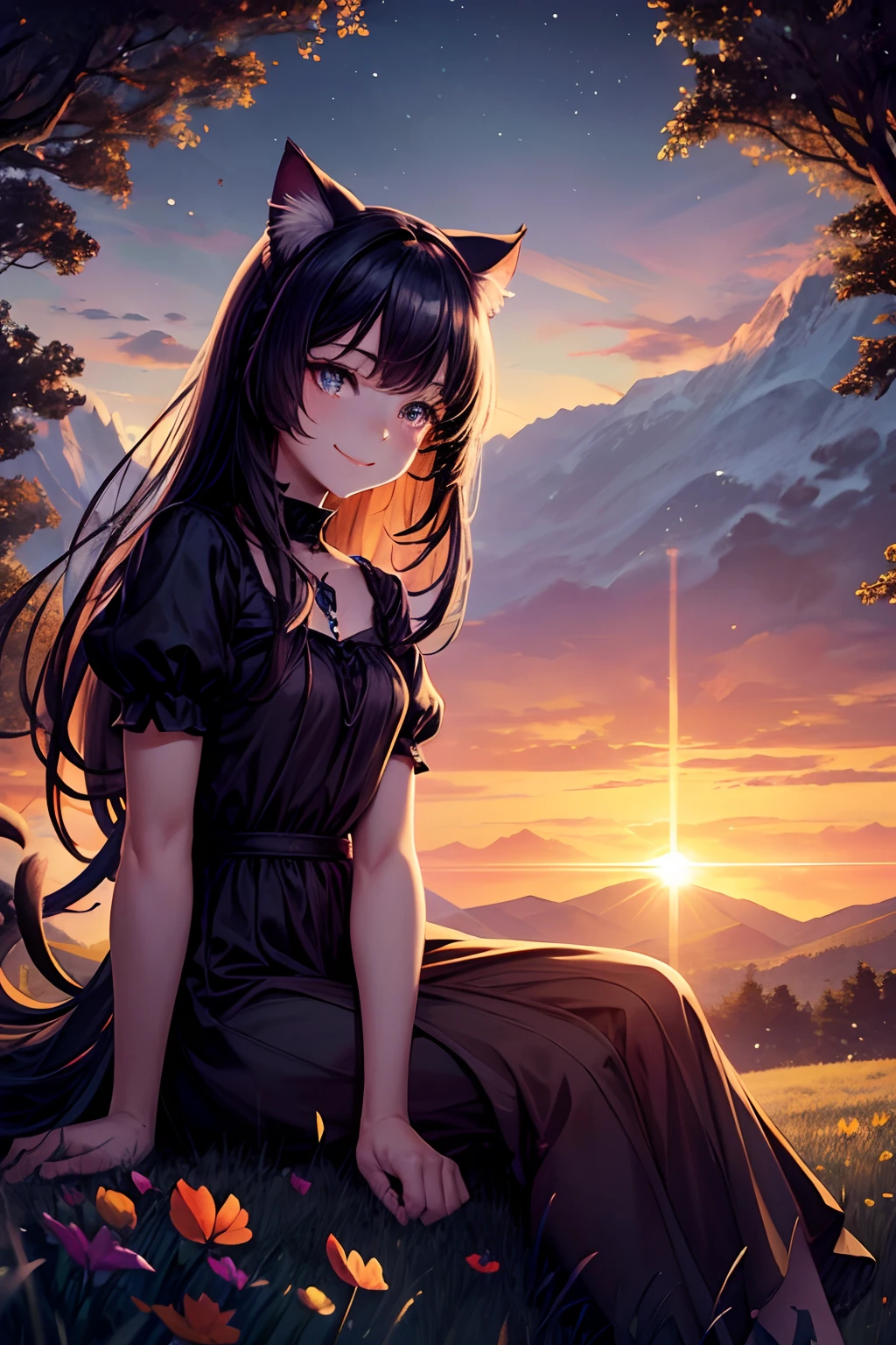 Top quality, high resolution, perfect human structure, background focus, front view, glowing hair, glowing eyes, cat ears, sitting, meadow, sunset, medium chest, woods, lots of butterflies, happy smile, Snow White world view, gradient eyes, swept bangs,
