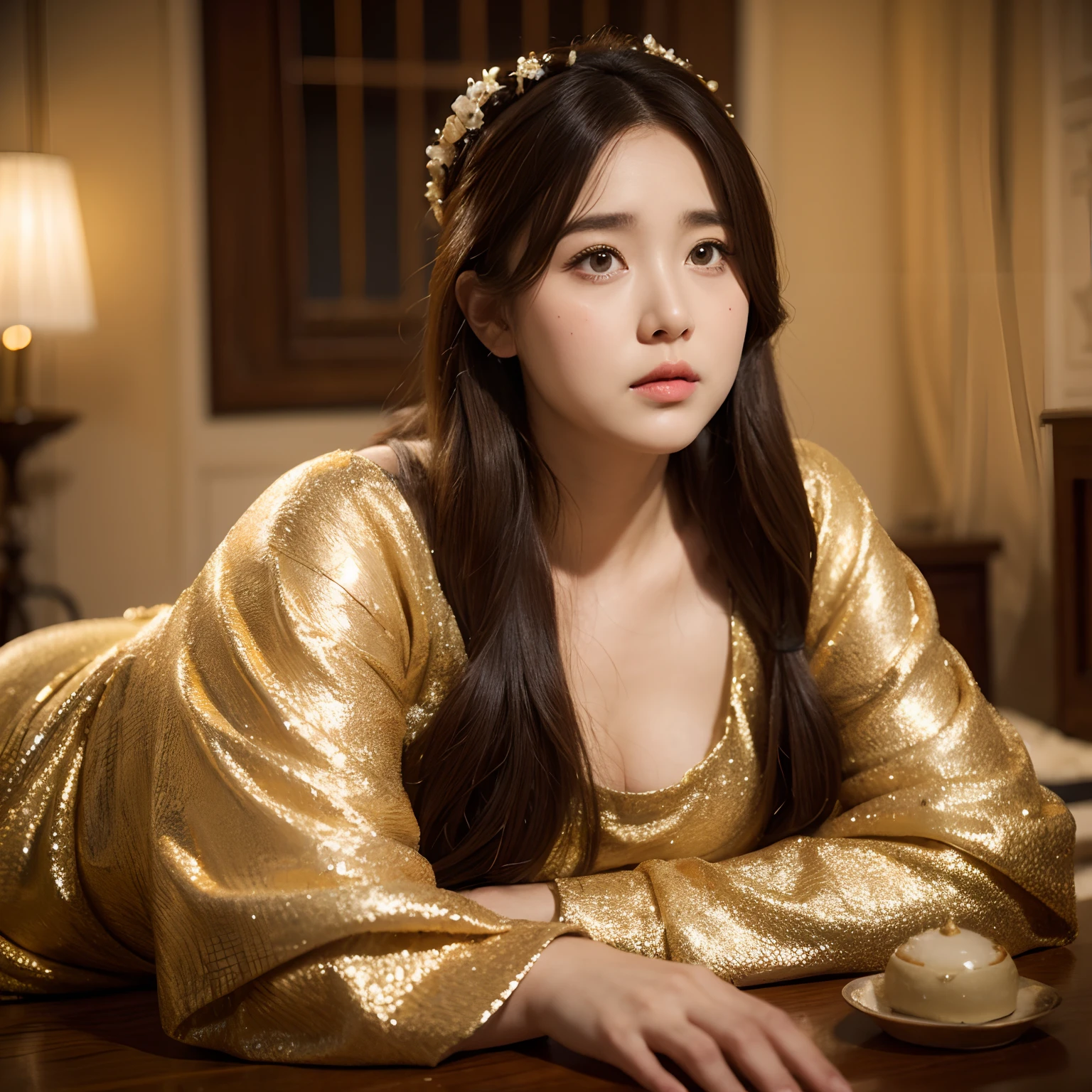 Big face,petty eyes,brunette color hair,fatness,Ancient lady dress-up