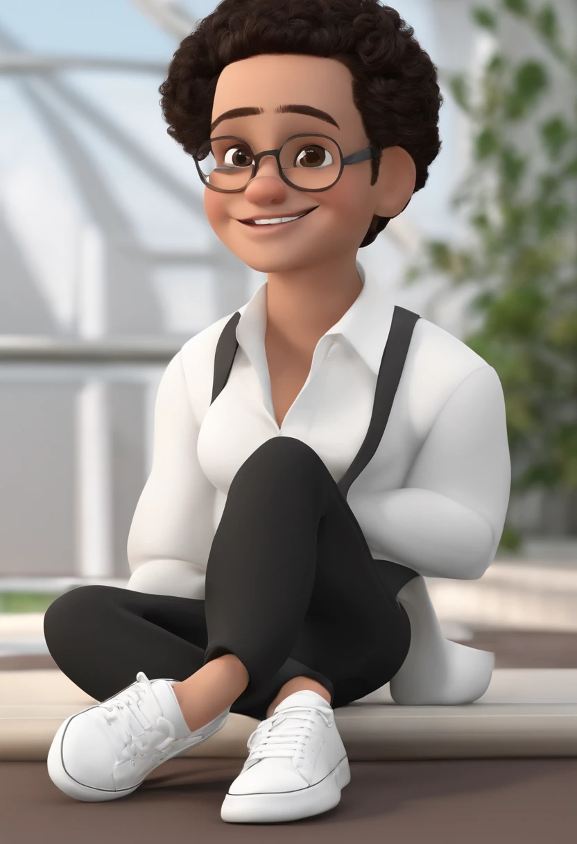 Garoto de camisa preta, black pants and white sneakers, watch on wrist, sorriso no rosto e covinha do lado esquerdo, cabelo cacheado crespo, fundo branco, barnet, Tom, Estilo Pixar, ....3d, desenhos animados, rosto detalhado, asymmetrical 16k