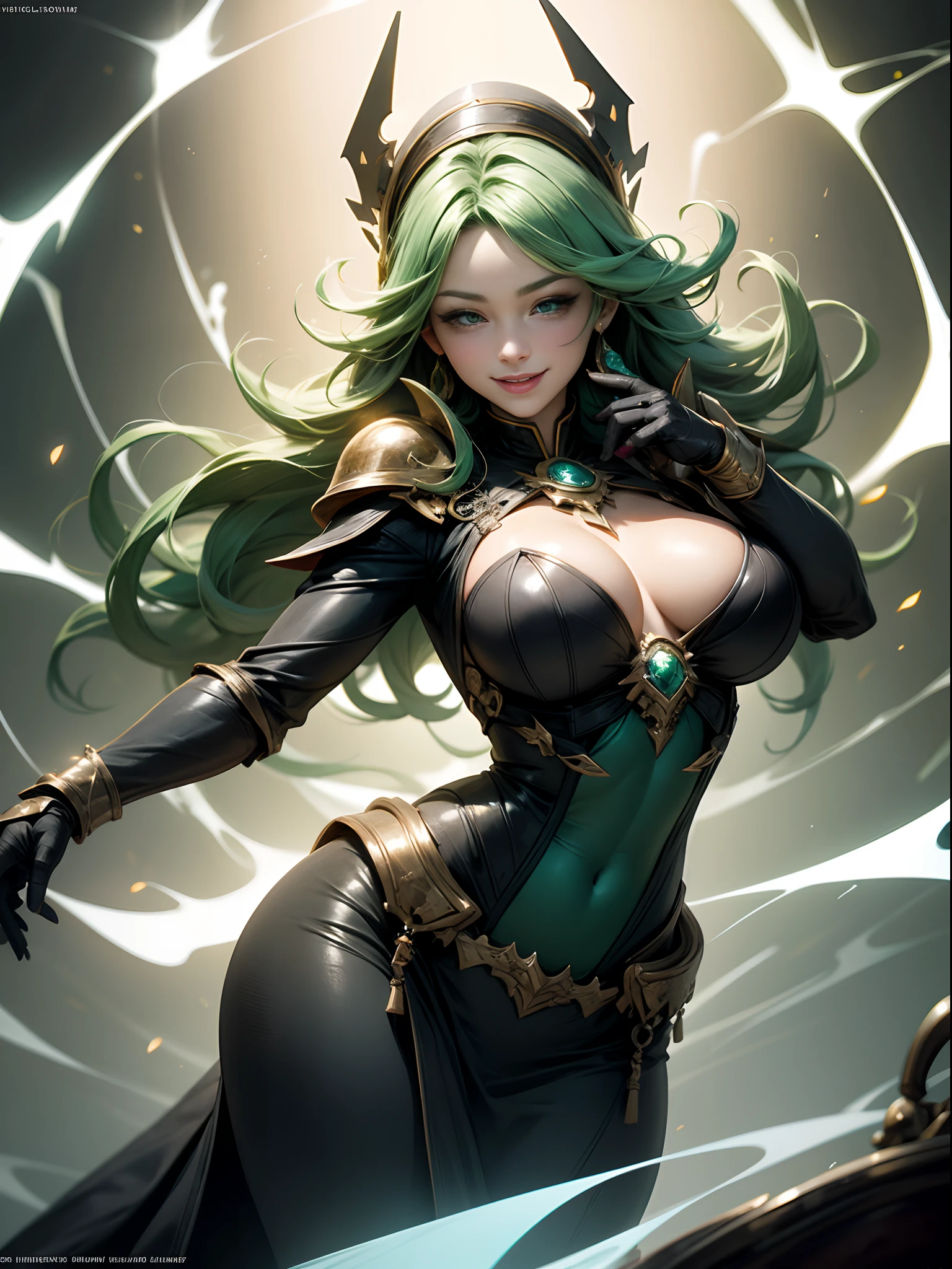 alchemist, beautiful woman (( Scarlet Johnson: Amber Heard:0.6)) , smiling, big breasts, flashy effects(((Green hue:0.9)))