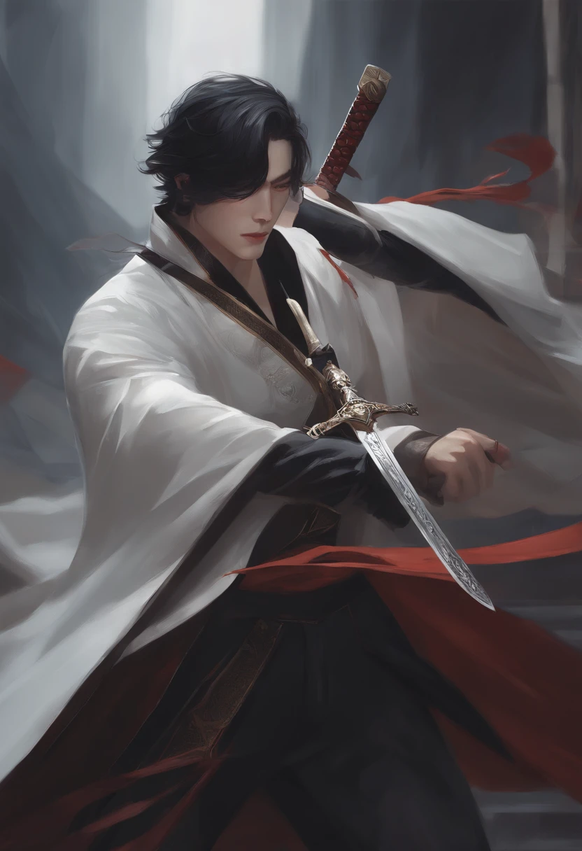 imagem arafed de um homem com uma espada em um manto branco, por Yang J, Directed by: Zeng Jing, Directed by: Tang Yifen, por Li Song, Guweiz em Pixiv ArtStation, pintura de personagem bonita, Guweiz em ArtStation Pixiv, Arte no estilo de Guweiz, Guweiz, Directed by: Wuzhun Shifan