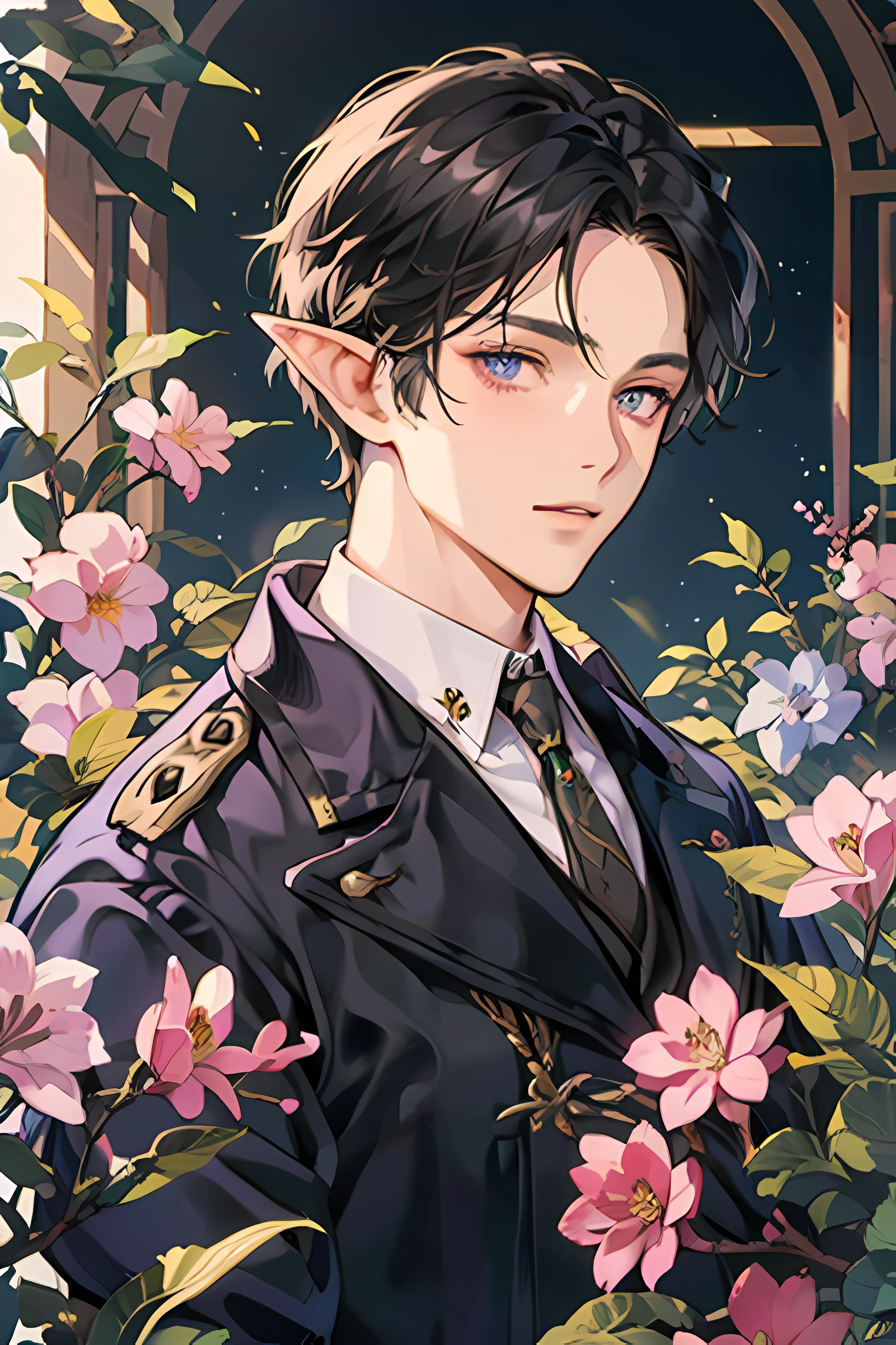 An elf man with lilac eyes and black hair, wearing an adventurer's outfit