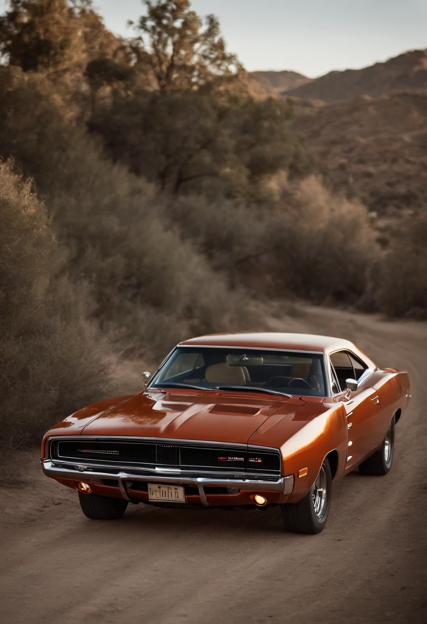 Crie uma cena tridimensional (3D) realista que deve ser inspirada no carro Dodge Charger RT 1969 estilizado saindo fogo da pintura. Make sure the image highlights the epic paint job and enhances the car so much, with realistic textures and dramatic lighting. The image should be ready for final rendering. The Car must be on top of a pedestal with the name written on it "PAIUTA FUNILARIA E PINTURA" em destaque.