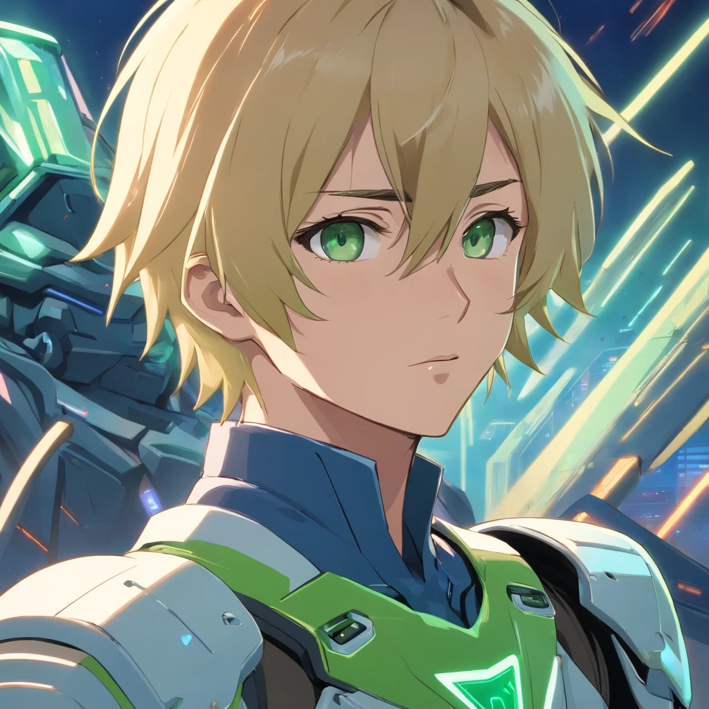 create anime style drawing of a man with short blonde hair parted in the middle and combed back, green eyes, wide nose and unshaven beard, tired expression on his face, cyberpunk style who wears a 2 meter mecha armor, old white with battle marks, on the chest 10 marks showing the number of aliens killed, without his helmet he shows his face