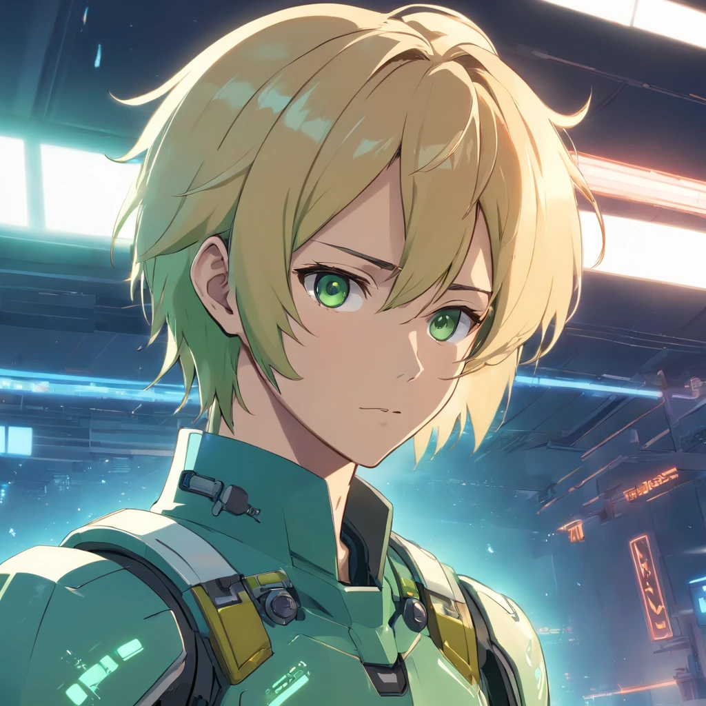 create anime style drawing of a man with short blonde hair parted in the middle and combed back, green eyes, wide nose and unshaven beard, tired expression on his face, cyberpunk style who wears a 2 meter mecha armor, old white with battle marks, on the chest 10 marks showing the number of aliens killed, without his helmet he shows his face