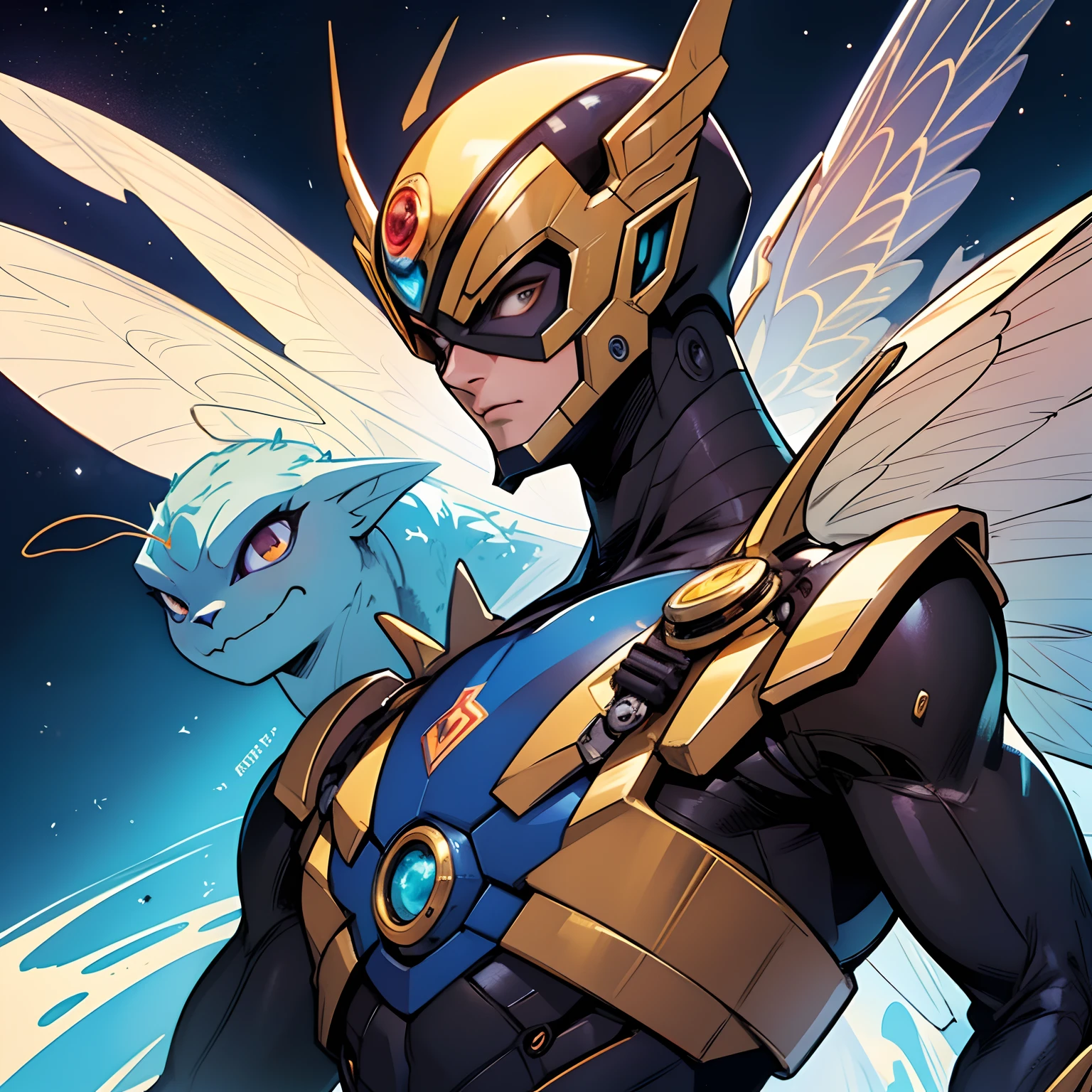 um close up de um personagem de desenho animado com um traje de borboleta, Design de personagens de quadrinhos dos anos 90, Asa Ciborgue, insectoid, steampunk superhero, inspirado em Tim Doyle, arte pop borboleta, Ultra Mega Super Detalhe, insectile forearms folded, detailed cosmic angelic robot, cosmic horror entity with wings, personagem de quadrinhos, Vespa ciborgue, full-colour illustration