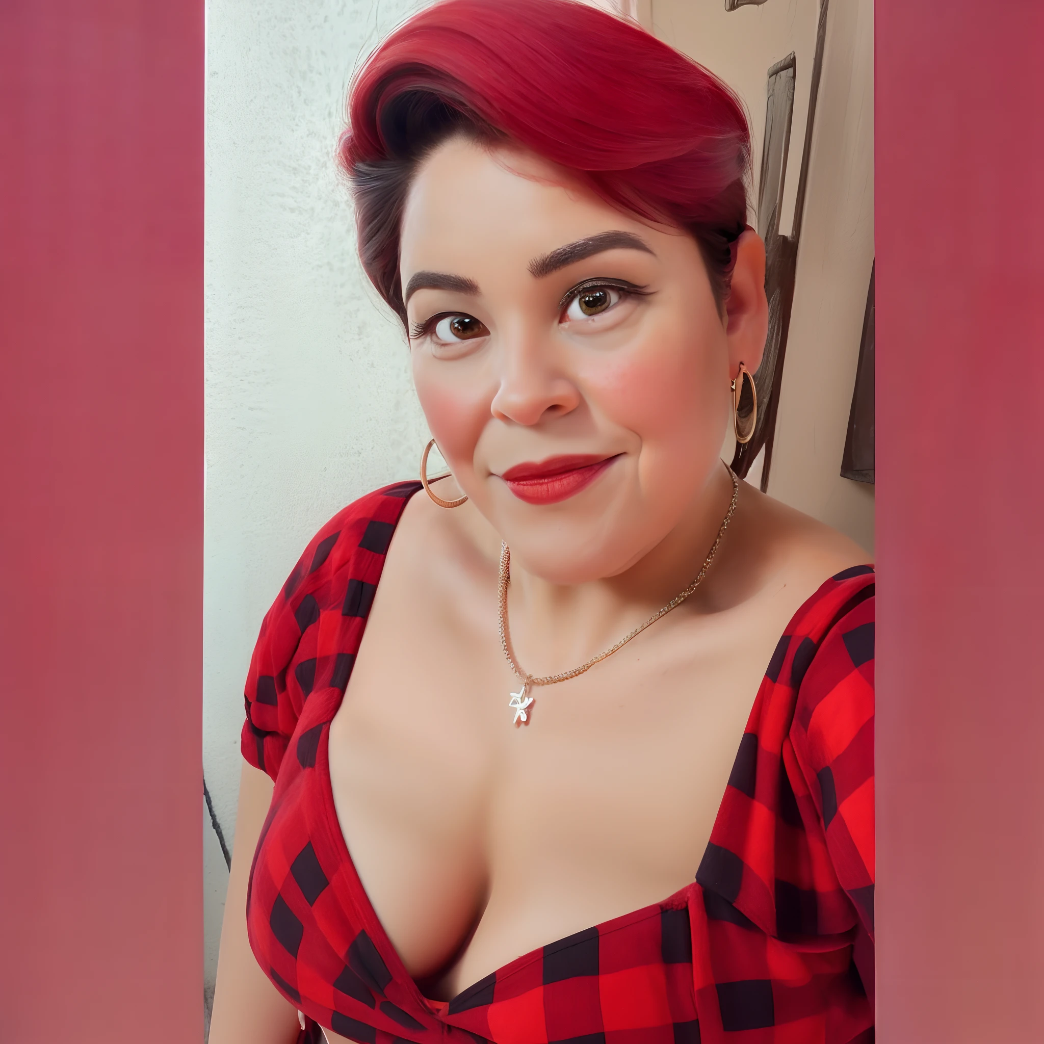 uma mulher com cabelo vermelho usando um vestido vermelho e preto, Mulher de 30 anos do Brasil, mulher bonita.