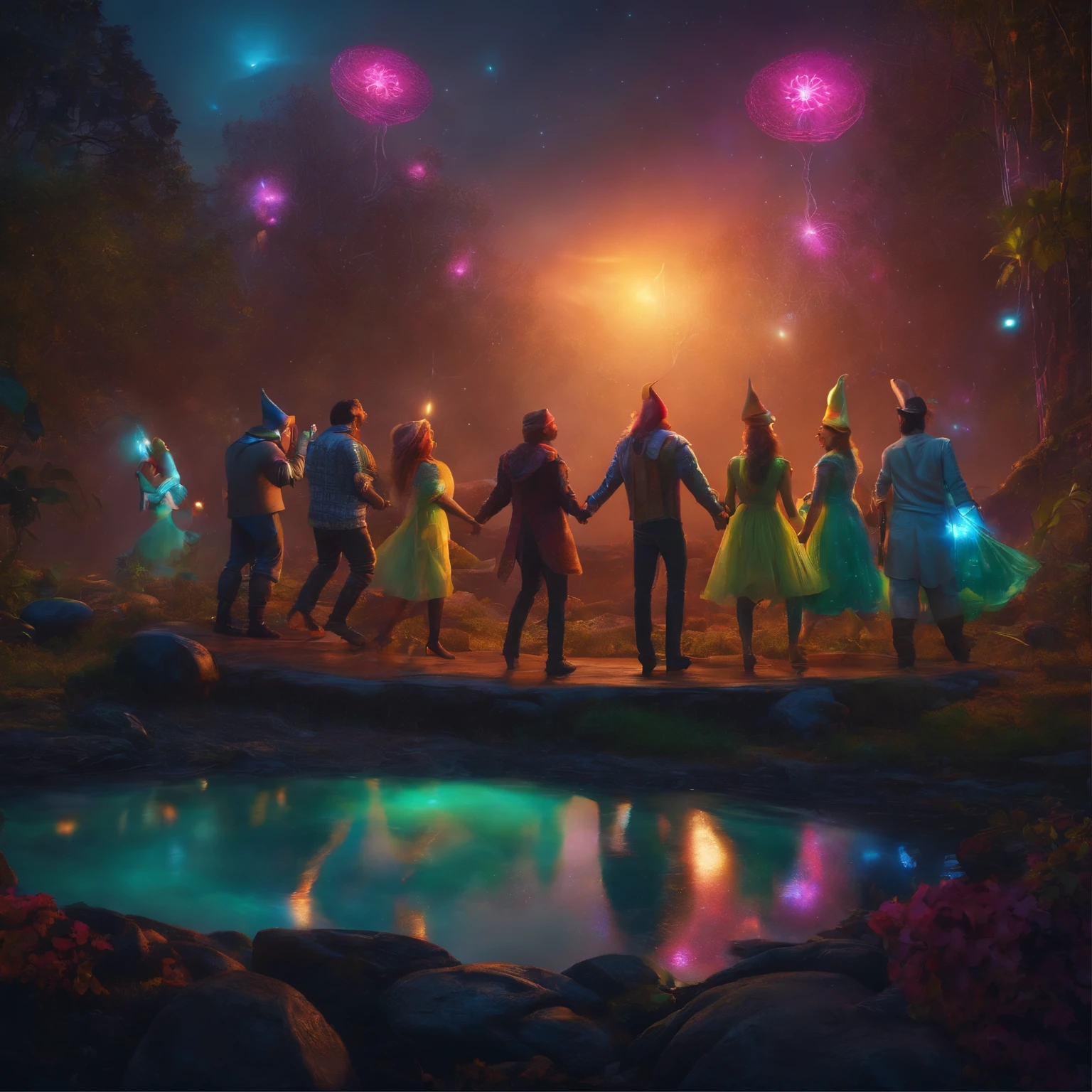 There are 7 people around a stove, 3 homens e 4 mulheres, Everybody's dancing, In the background, a psychedelic environment, Tree trunks come out of the ground organically lit, There's an electronic music party atmosphere, Use psychedelic style, futurista, cyberpunk, cogumelos, duendes, gnomos, fadas, matrix, o estilo de Pixar, ambiente noturno, colorido, trevoso, Make them dancing