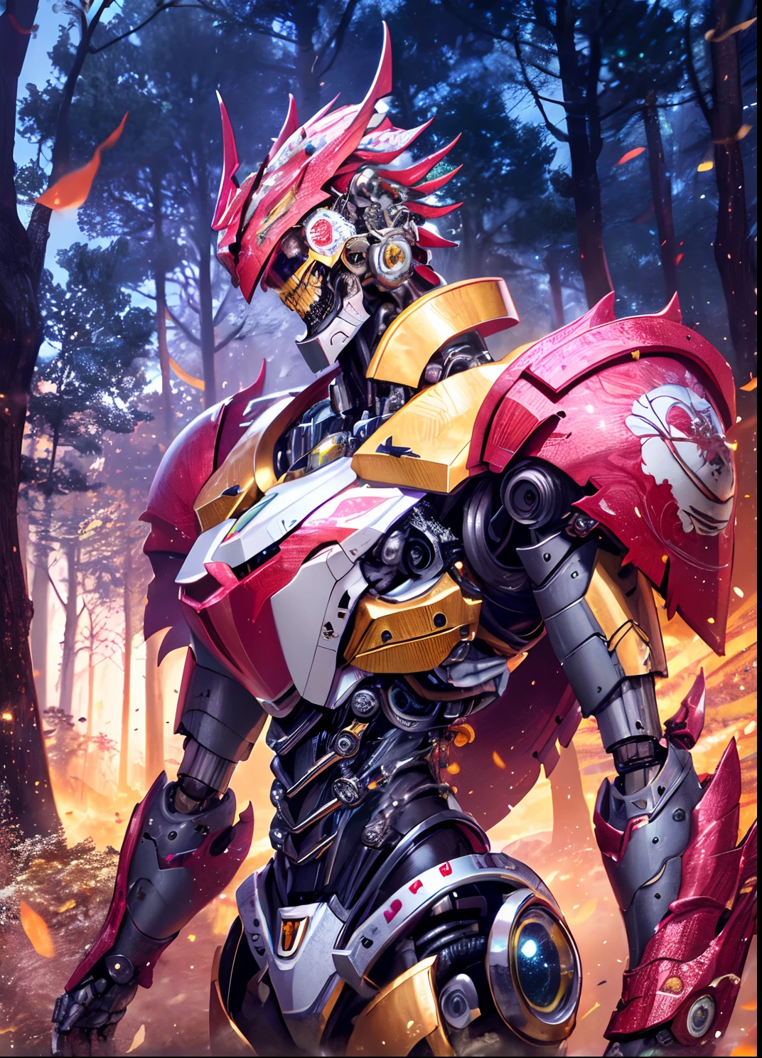 Close-up of a robot on fire in a forest, tremendous mecha robot, ArtStation masterpiece, mecha art, robot mecha female dragon head, cool mecha style, Beautiful robot character design, 8K high quality detailed art, mecha asthetic, high detailed official artwork, Red mech, Alexander Ferra Mecha, anime robotic mixed with organic