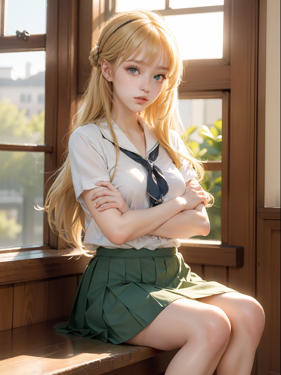 ((Masterpiece,Best quality, high resolution)), 1girll, Solo, Green eyes, Long blonde hair tied with a blue ribbon, Blunt bangs, Sitting, Folded arms on the table, Sleep on folded arms, school uniform, white serafuku, Red sailor collar, Short sleeves, White pleated skirt, (in library), Dramaticlight, beside the window, Afternoon light through the windows, mid afternoon, Bokeh effect