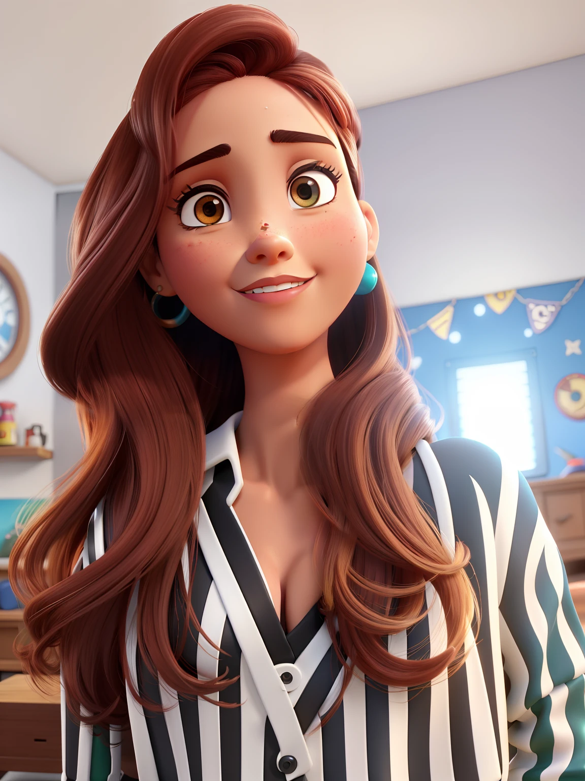 Mulher morena, bonita, olhos castanhos, cabelos castanhos mecha, no estilo disney pixar, melhor qualidade, alta qualidade