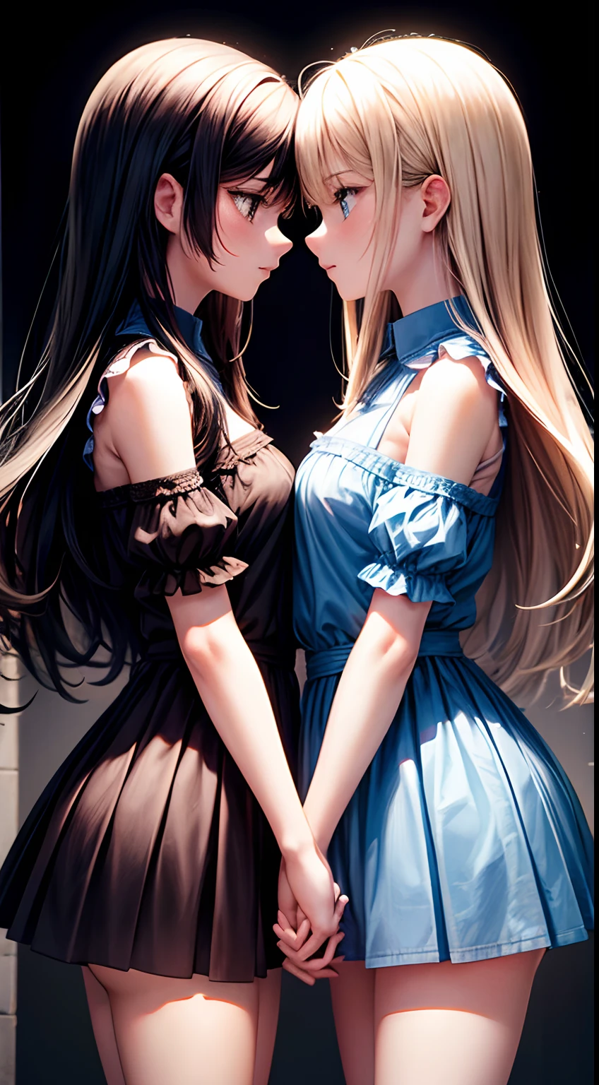 Two girls,Equal stature,Black hair and blonde hair,Gaze face to face,Hold each other,The two bodies are close together