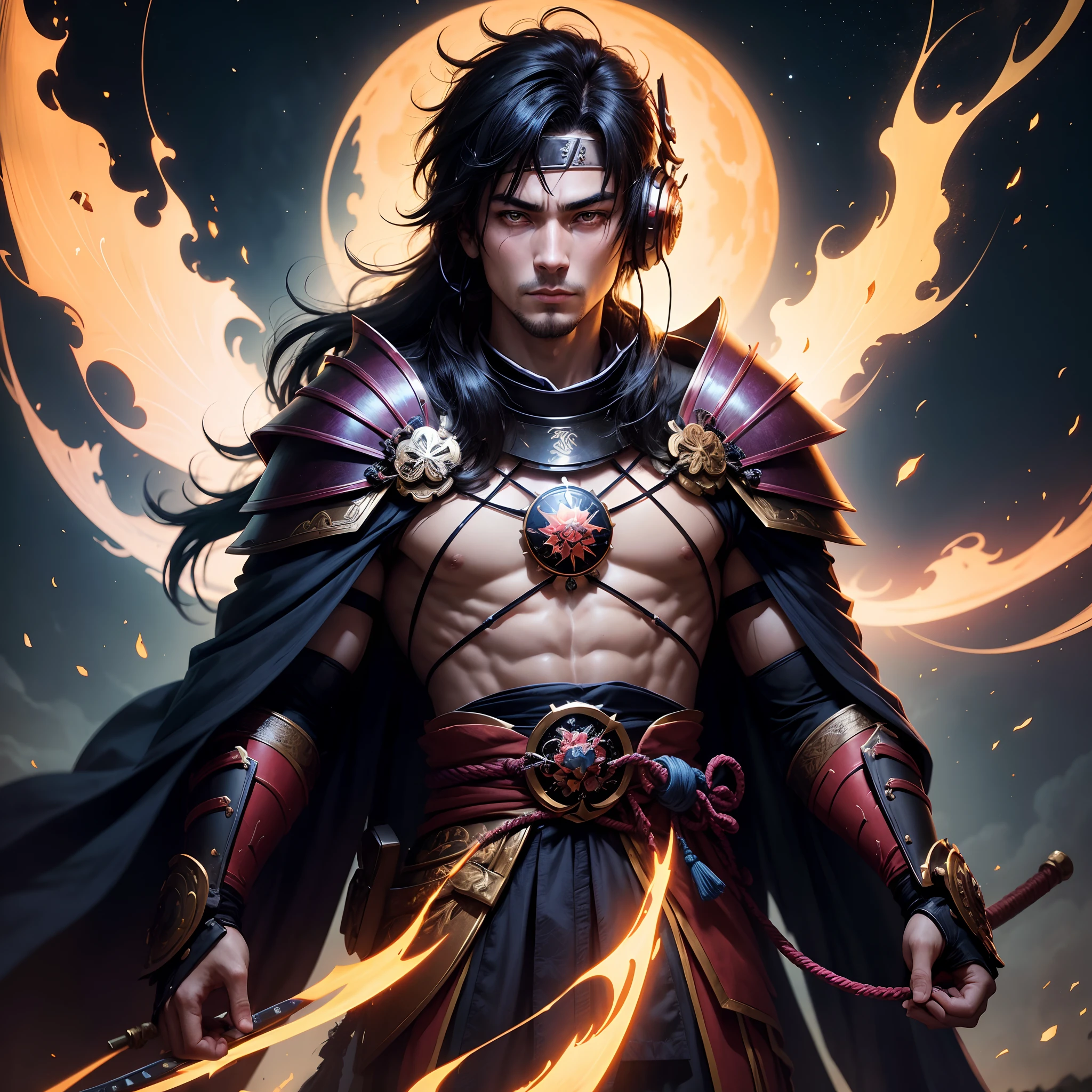 In the depths of twilight, a stoic samurai adorned in vibrant armor emerges. Enveloped in a cosmic aura, he stands beneath the star-strewn canopy. With headphones donning his ears, he immerses into rhythmic tracks, his gaze fixated on the nocturnal majesty above. Impose upon this scene the allure of your imagination, shaped by comic book style strokes and colors.