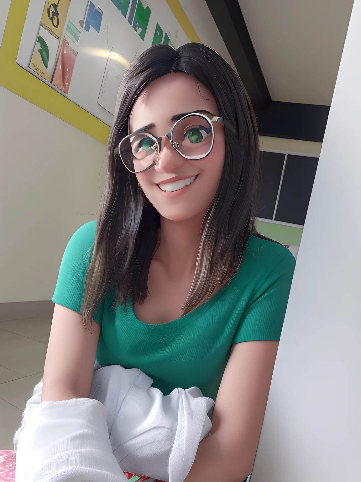 Uma jovem alegre, Wearing prescription glasses and a green t-shirt, iluminada pelo sol na frente, e um ambiente escolar ao fundo