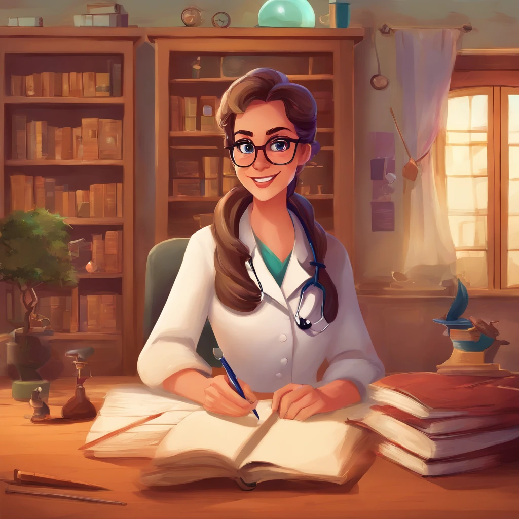 Create a poster in the style of DISNEY PIXAR 8k movies, and write the Title: Dr Vanessa The setting should be a beautiful realistic doctor's office, com cores claras e tons de azul, ample space. A imagem principal deve ser de uma mulher de 45 anos, A Beautiful Doctor, com pele branca, Longas, cabelo preto liso e preso a mulher com um sorriso no rosto, Wearing glasses and dressed like a doctor. The woman must occupy up to 30% da imagem, at the top should have the title with font and PIXAR DISNEY style.