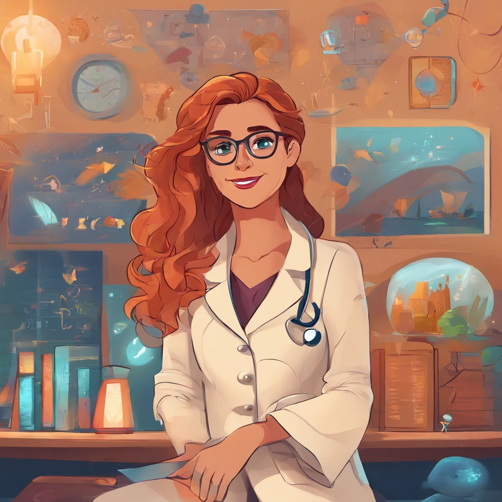 Create a poster in the style of DISNEY PIXAR 8k movies, and write the Title: Dr Vanessa The setting should be a beautiful realistic doctor's office, com cores claras e tons de azul, ample space. A imagem principal deve ser de uma mulher de 45 anos, A Beautiful Doctor, com pele branca, Longas, cabelo preto liso e preso a mulher com um sorriso no rosto, Wearing glasses and dressed like a doctor. The woman must occupy up to 30% da imagem, at the top should have the title with font and PIXAR DISNEY style.