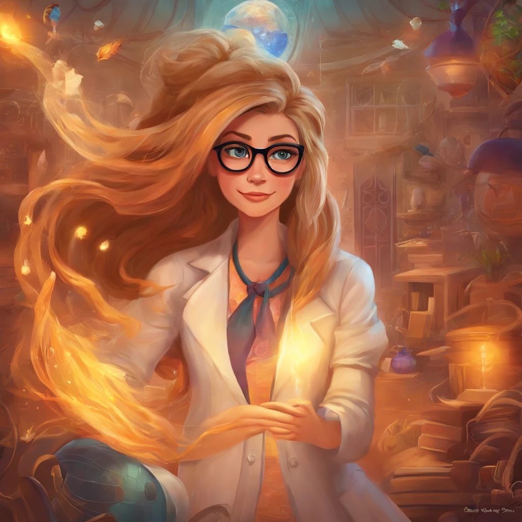 Create a poster in the style of DISNEY PIXAR 8k movies, and write the Title: Dr Vanessa The setting should be a beautiful realistic doctor's office, com cores claras e tons de azul, ample space. A imagem principal deve ser de uma mulher de 45 anos, A Beautiful Doctor, com pele branca, Longas, cabelo preto liso e preso a mulher com um sorriso no rosto, Wearing glasses and dressed like a doctor. The woman must occupy up to 30% da imagem, at the top should have the title with font and PIXAR DISNEY style.