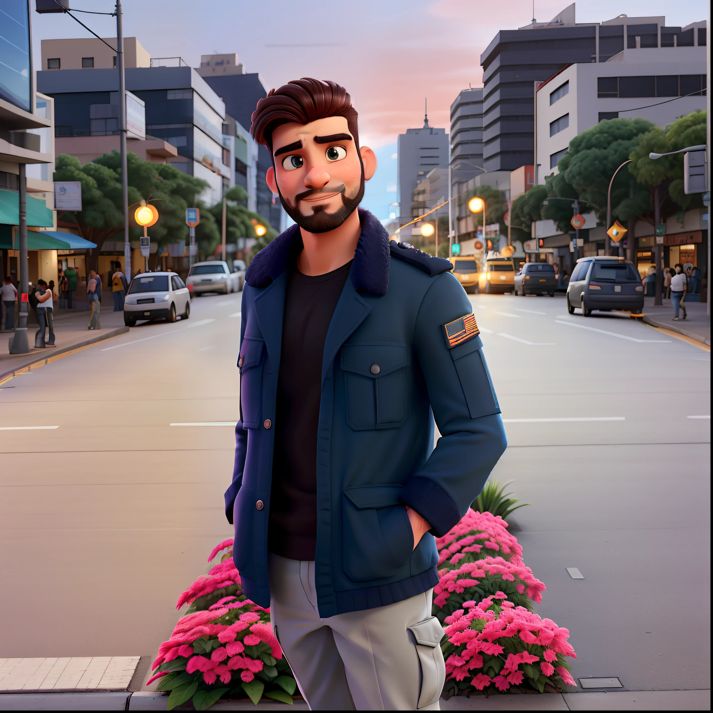 Um homem cabelo raspado e barba no maxilar tipo militar parado na frente de uma avenida, iluminado pela luz do dia, contra o pano de fundo de uma cidade