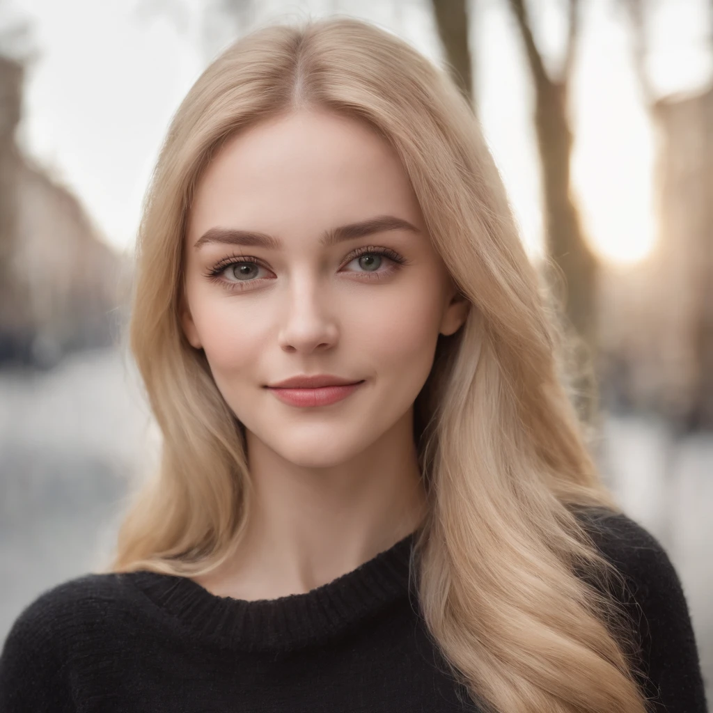 Masterpiece, absurdres,HDR ,highly detailed eyes and face,smiling, beautiful nod_woman, a woman with long blonde hair and a black sweater ,perfect nod_body,perfect nod_face,
