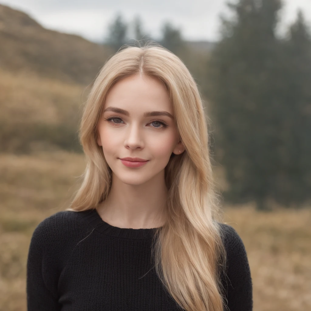 Masterpiece, absurdres,HDR ,highly detailed eyes and face,smiling, beautiful nod_woman, a woman with long blonde hair and a black sweater ,perfect nod_body,perfect nod_face,