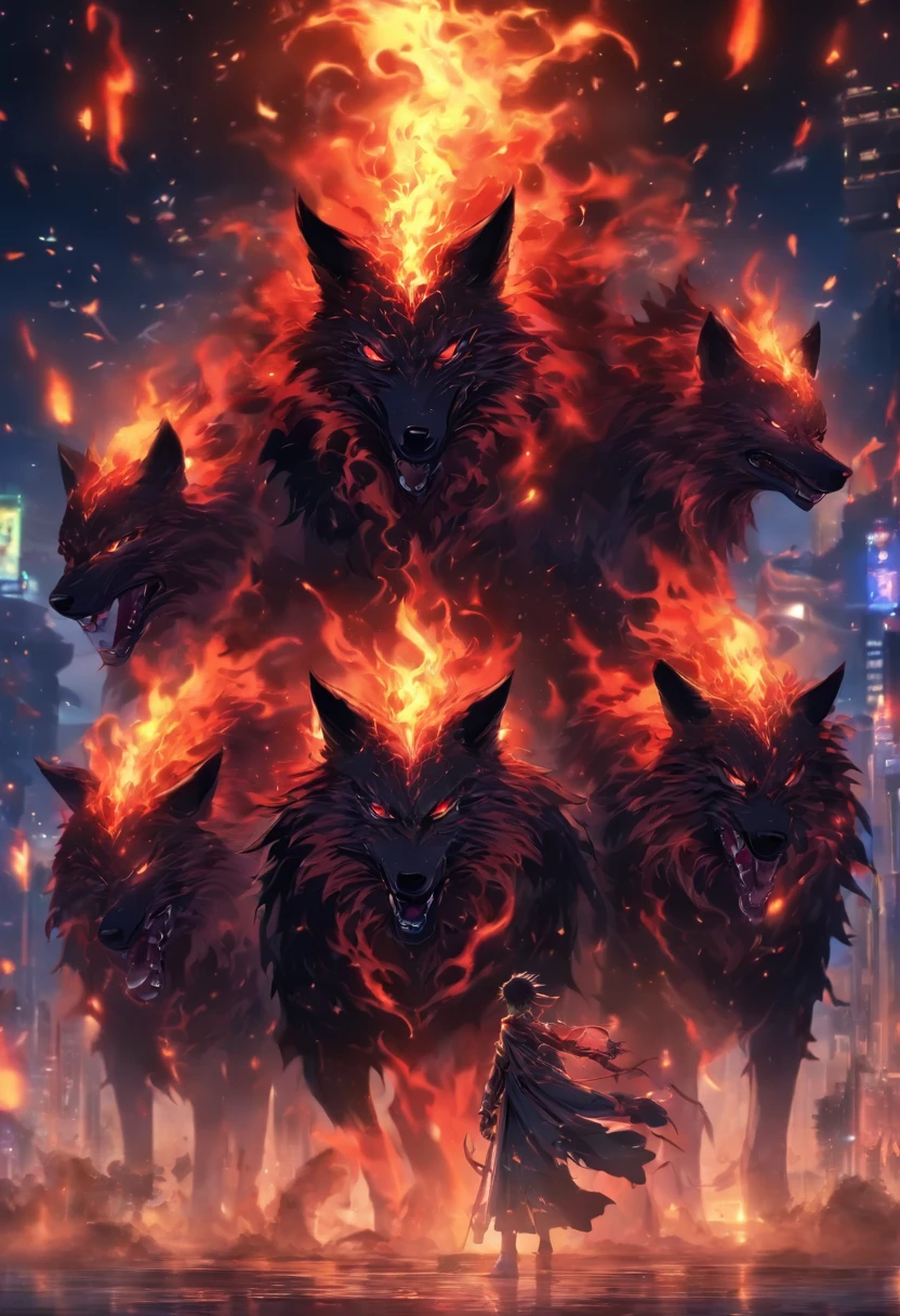 Strange monsters in a fantasy world,Three-Head Wolf,Strong limbs,Covered in flames,Blood,Covered with thick spikes,Moon Night,中景 the scene is,Full body like, highly detailed surreal vfx,oc rendered,Shot with 70 mm - AR 16:9 --q 2 --s 1000