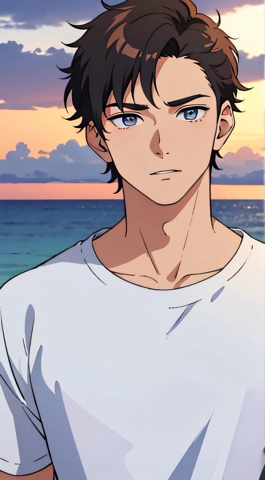 masterpiece, best quality, ultra high detailed,full-color, 1 boy, anime style, portrait shot of a handsome 19 year old male,at the beach, evening, dusk, the boy is very handsome, his face has perfect ratio, detailed face, very short hair, he is wearing sweatshirt, big beautiful yet masculine eyes, detailed eyes, he is shy, the lines are very thin, High image quality. 4K, The ultra -The high-definition, the lines are ultra-thin, the lines are thin, stunning background, very very thin outlines