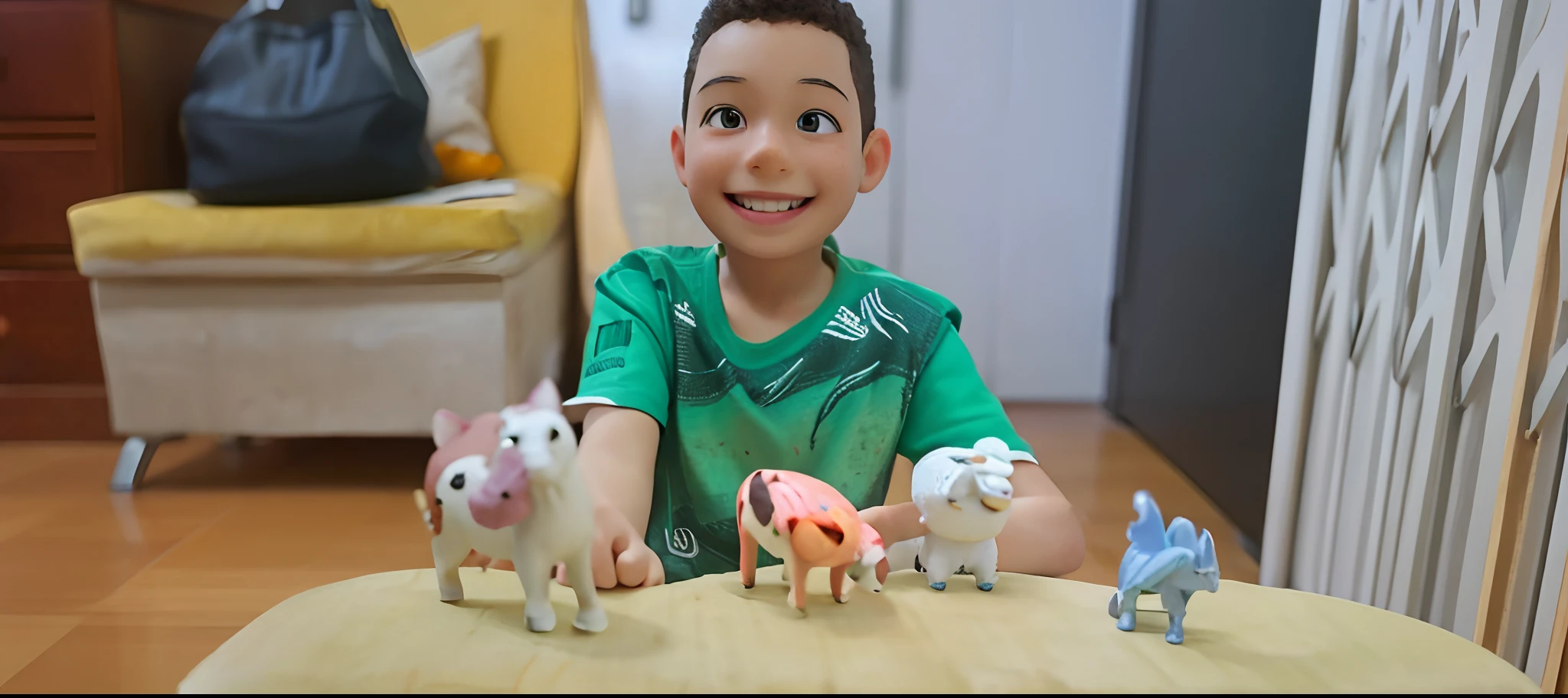 The image shows a smiling with his toy animals