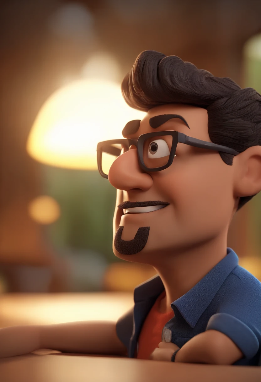 Cartoon character of a man with black glasses, cabelo cacheado marrom escuro e uma camisa azul, animation character, Caractere estilizado, animation style rendering, 3D estilizado, Arnold Maya render, 3 d render stylized, toon render keyshot, Personagem 3D, Personagem 3D, 3d rendering stylized, 3 d character render, personagem de desenho animado, Personagem de close up, Pose de personagem, (Estilo Pixar) (master part:1.2) (Bokeh) (best quality) (pele detalhada) (textura detalhada) (8k) (argila) (Cinematic lighting) (foco nítido
