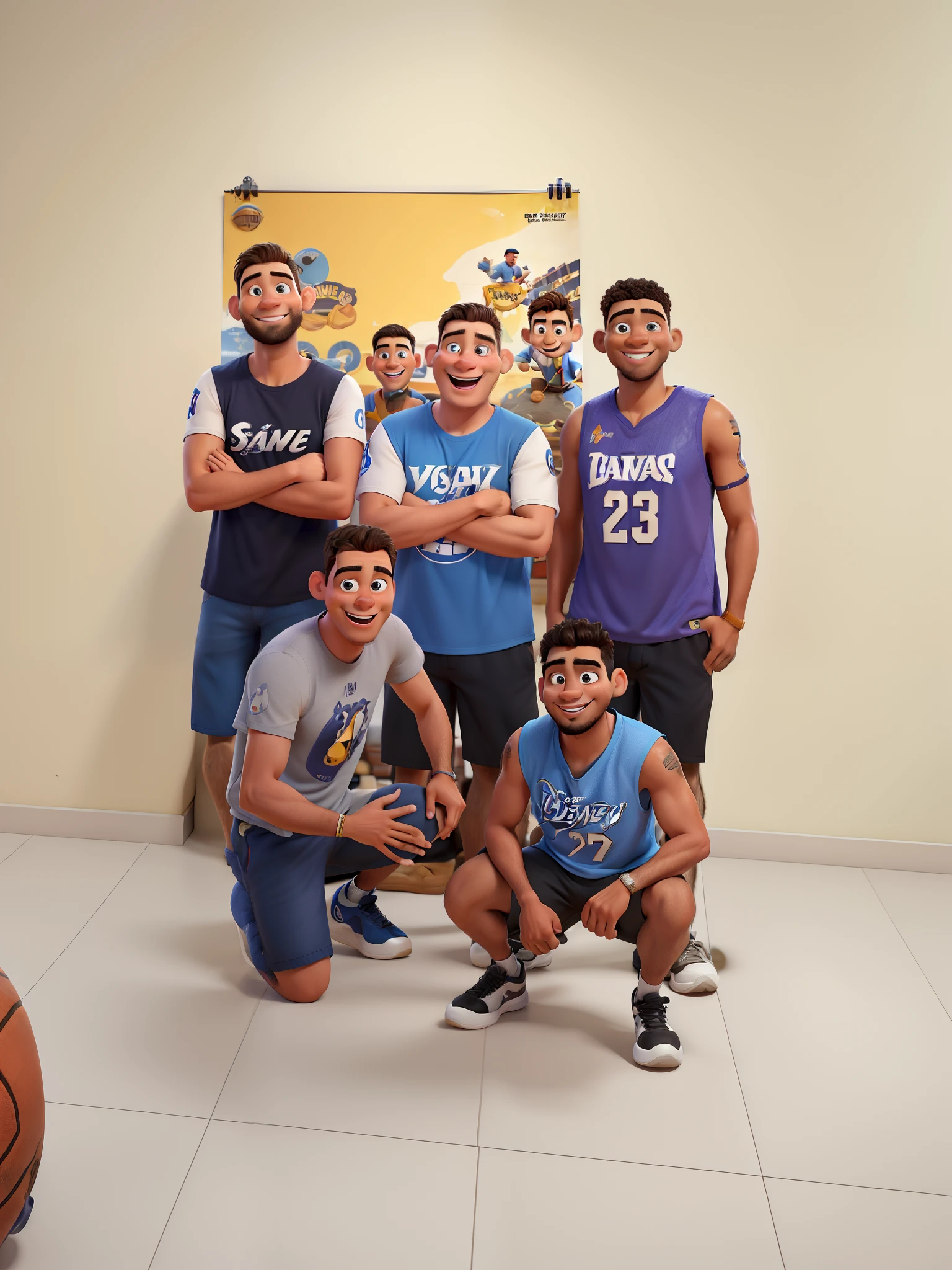 Homens estilo disney pixar, alta qualidade, Amigos, pagodeiros, musicians, com camisetas de basquete, camisetas NBA,poster no estilo pixar, Passion Shape, Banda