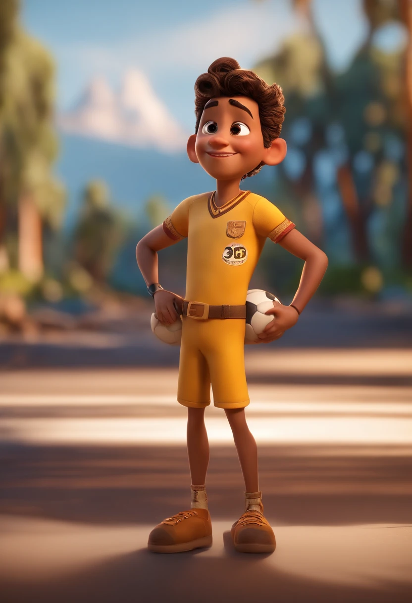 Personagem de desenho animado de um homem 34 anos, pele clara, 1,74 de altura 80kg, cabelo baixo castanho escuro com degrade, barba baixa, jogando futebol, correndo, uma camisa azul, estampado o numero 9 em amarelo, animation style rendering, pixar, 3D estilizado, Arnold Maya render, 3 d render stylized, toon render keyshot, Personagem 3D, Personagem 3D, 3d rendering stylized, 3 d character render, personagem de desenho animado, Personagem de close up, Pose de personagem, (Estilo Pixar) (master part:1.2) (Bokeh) (best quality) (pele detalhada) (textura detalhada) (8k) (argila) (Cinematic lighting) (foco nítido,Senta e vaza a parte superior do corpo
