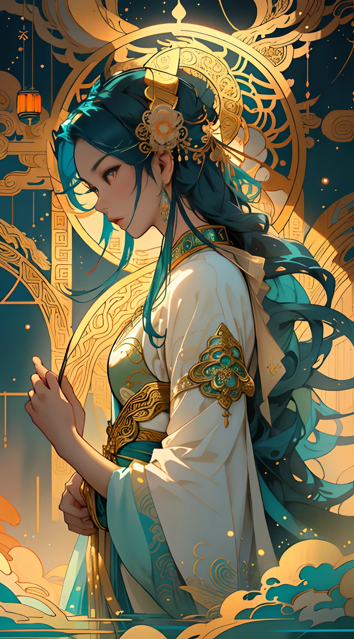 Describe the mythical story of Nuwa repairing the sky，Chinese mythology and stories，Nuwa repairs the sky with five-colored stones；Stopped the monstrous floods。Deep background，Fantastic and incredible，Epic composition，(Complicated details，Hyper-detailing:1.2)，Ultra photo realsisim, epic realistic, ((com cores neutras)),(pastel colour:1.2), Hyper-realistic, + cinema shot + Dynamic composition, Incredibly detailed, Sharpen, Cinematic, warm lights, Light effect, Dramaticlight, (Intricate details:1.1), the complex background, (greg rutkovsky:0.8), (Teal and orange:0.3），Epic, elegant，elegant，(intricate ornament:1.1),