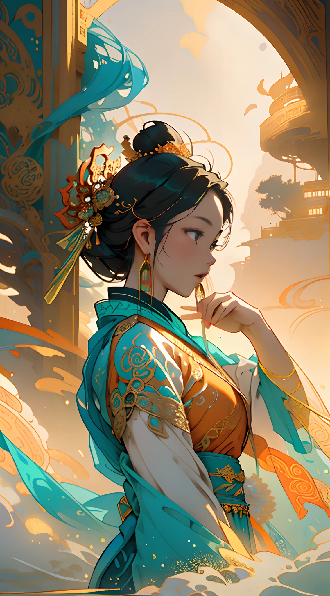 Describe the mythical story of Nuwa repairing the sky,Chinese mythology and stories,Nuwa repairs the sky with five-colored stones;Stopped the monstrous floods。Deep background,Fantastic and incredible,Epic composition,(Complicated details,Hyper-detailing:1.2),Ultra photo realsisim, epic realistic, ((com cores neutras)),(pastel colour:1.2), Hyper-realistic, + cinema shot + Dynamic composition, Incredibly detailed, Sharpen, Cinematic, warm lights, Light effect, Dramaticlight, (Intricate details:1.1), the complex background, (greg rutkovsky:0.8), (Teal and orange:0.3),Epic, elegant,elegant,(intricate ornament:1.1),
