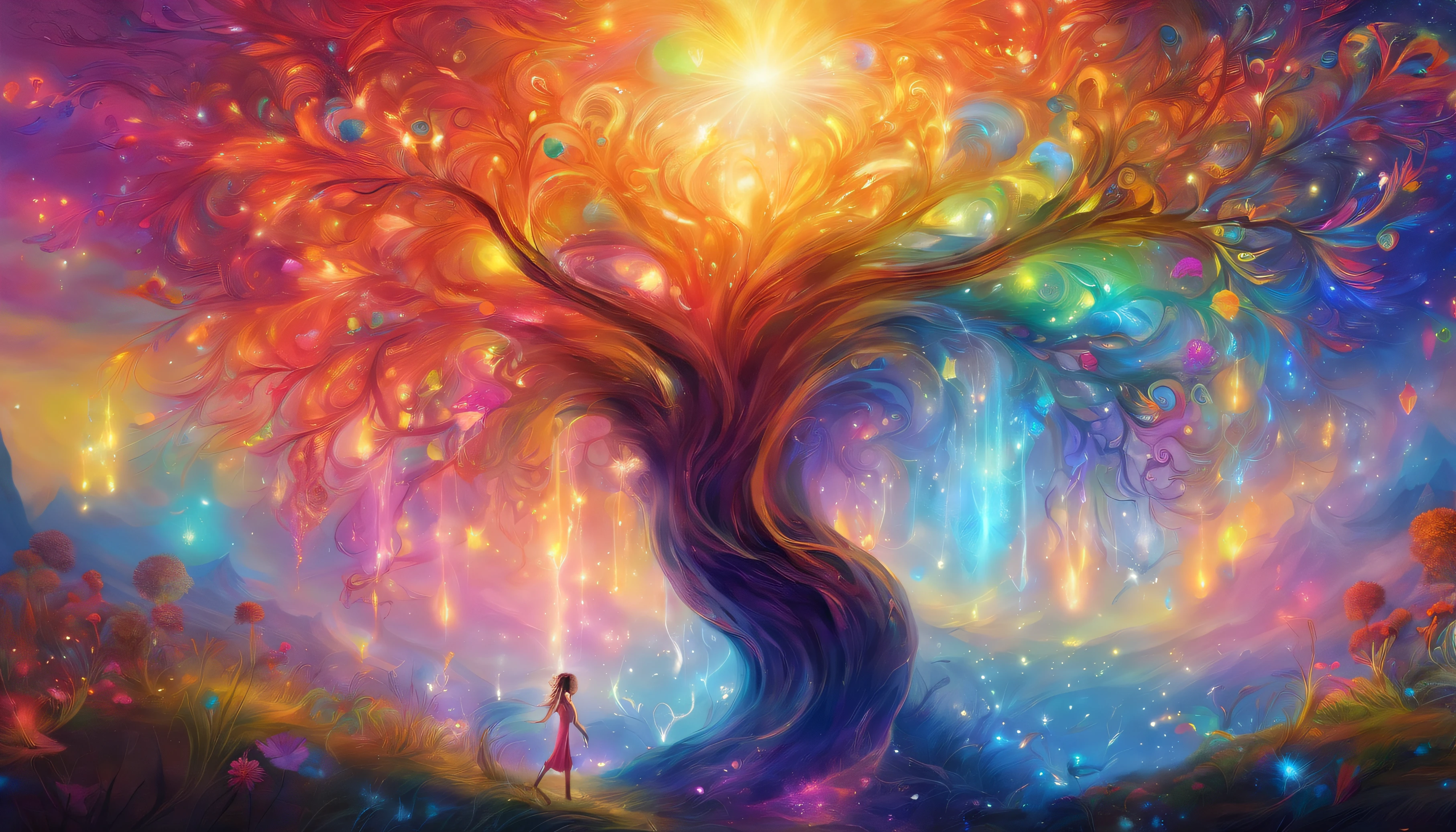 The girl who casts the mysterious glowing spell, Dream rainbow forest, Vibrant colors, Ethereal lighting, detailed foliage, Magical atmosphere, enchanting scenery, Fantastical Atmosphere, Shine brightly, Flowing robes, A wisp of magic, Ethereal creatures, Enchanted tree, glisteningstream, Radiant energy, Mysterious symbol, Surreal beauty, otherworldly landscape, Swirling mist, Charm in the air, Engaging moments, A mesmerizing spectacle, ethereal essence, Magical spells, mystical aura, mesmerizing charm, Fascinated bystanders, transcendent experience, Magical whirlpools, Hidden secrets, Whimsical creatures, Vibrant charm, enchanting atmosphere, Ethereal melody, radiant beams of light, outworldly colours, Mesmerizing action, A joyous celebration in nature, Charming nymphs, supernatural power, Pulsating energy, enchanting spell, Fantasy realm, Transcendental experience